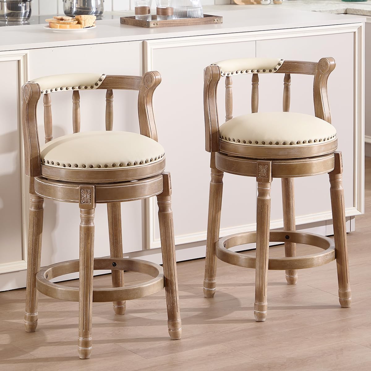 Cow top Leather Wooden Bar Stools, 360 Degree Swivel Bar Height Chair with Backs for Home Kitchen Counter, Morden Chair Barstools (Retro-Beige, Counter Height-Seat Height 26”)