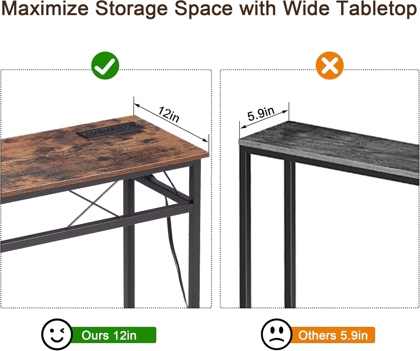 VECELO 71In Extra Long Narrow Sofa/Console Table with Charging Station & Power Outlet and USB Ports, for Entryway, Living Room, Office, Industrial, Rustic Brown