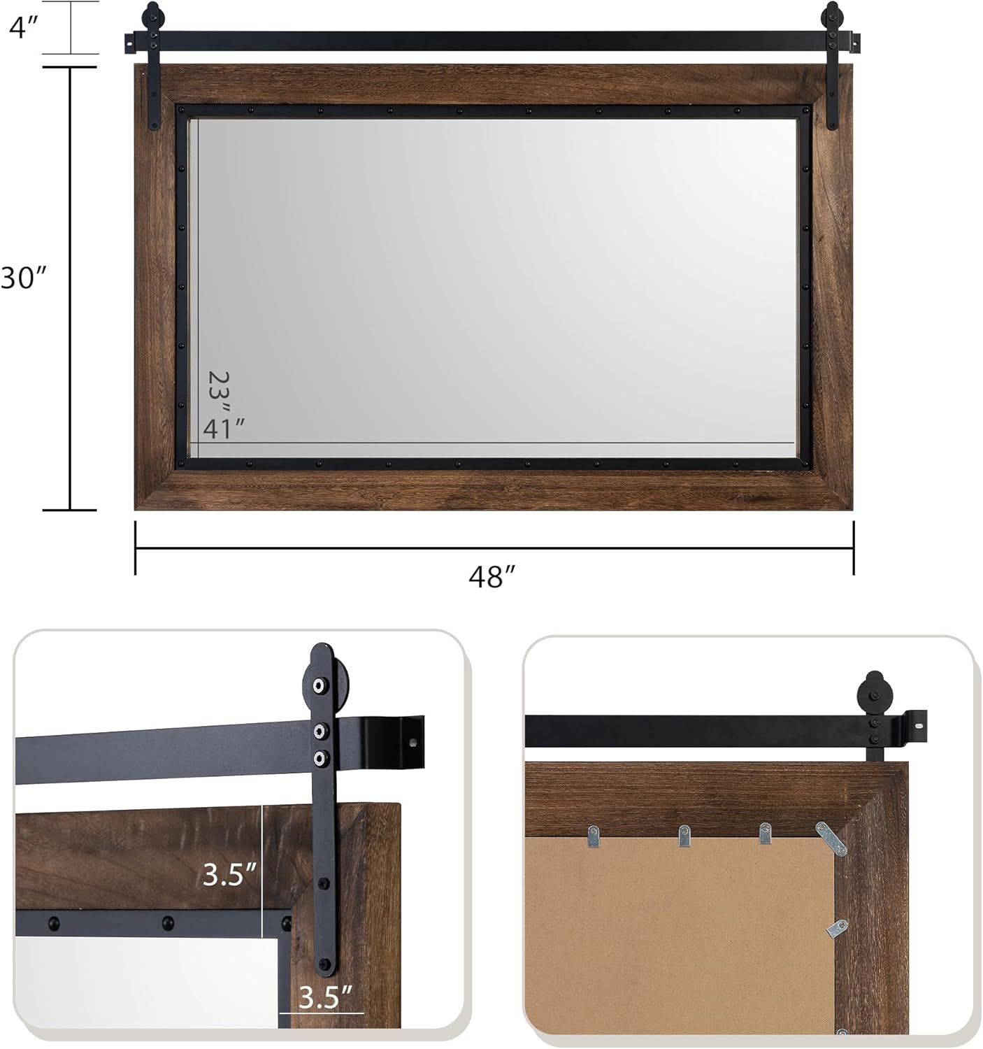 YOSHOOT Farmhouse Barn Door Mirror, 48"x30" Rustic Bathroom Mirror, Wood Frame Wall Mirror, Wooden Mirror for Living Room Bedroom Entryway Wall Décor, Horizontal Hanging ONLY