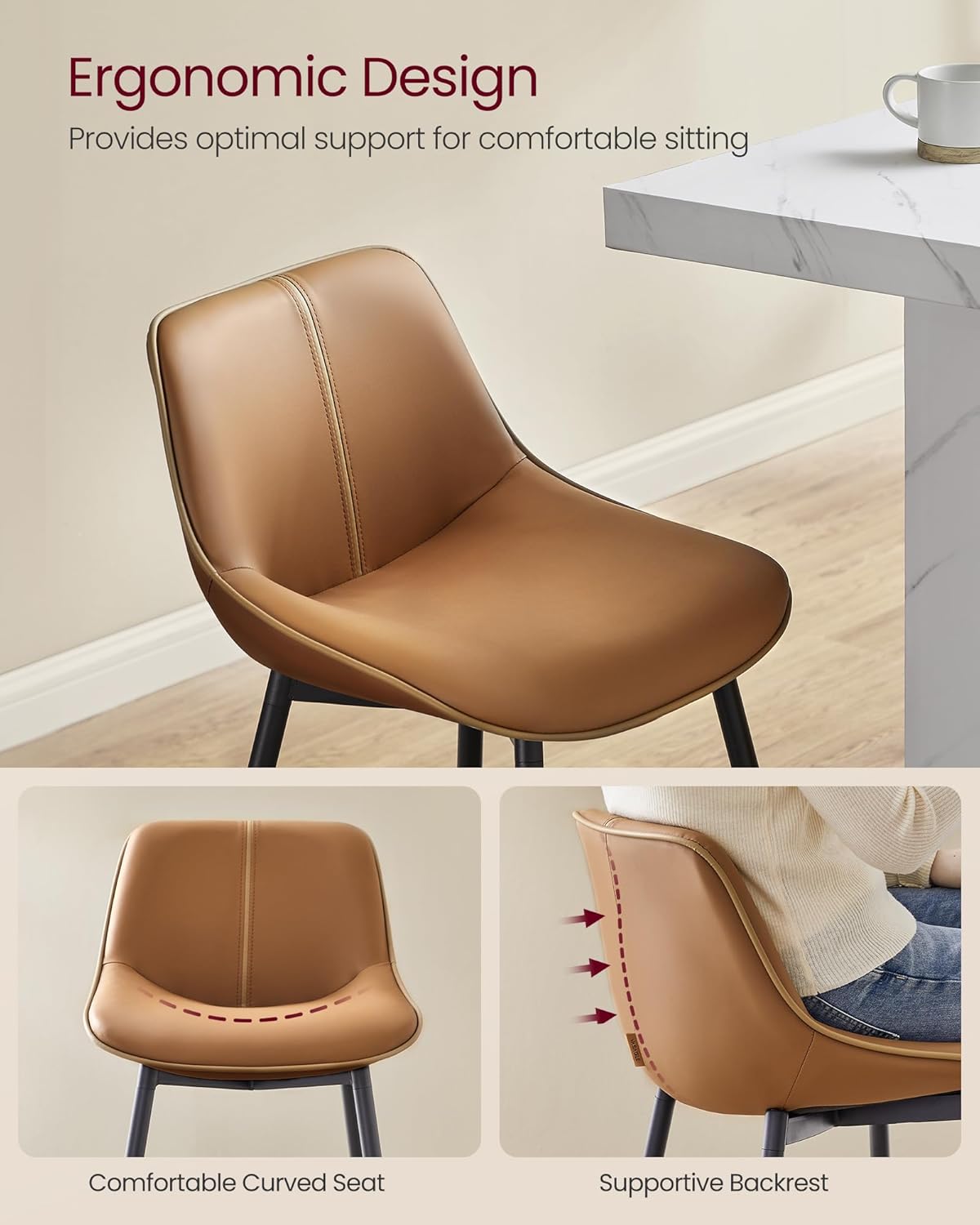 VASAGLE Bar Stools Set of 2, Bar Height Bar Stools with Back, Ergonomic Backrest, Synthetic Leather, Metal Legs, 28.7-Inch Tall Barstools for Kitchen Island Home Bar, Easy Assembly, Caramel Brown