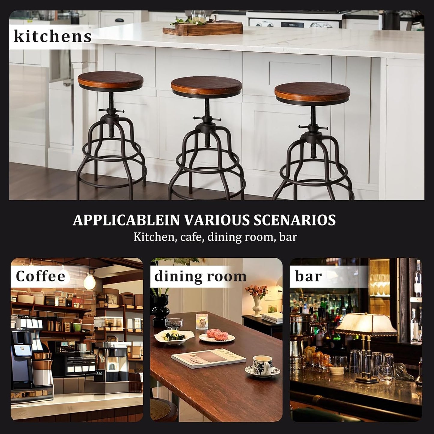 LOKKHAN Vintage Industrial Barstools - 13.8" Dia Round Wooden Brown Seat - Black Metal Base - Adjustable Height: 23.6"-29.5" / Minimalist Design/Raw Rustic Look/Rotating Top Bar Chairs, Set of 2