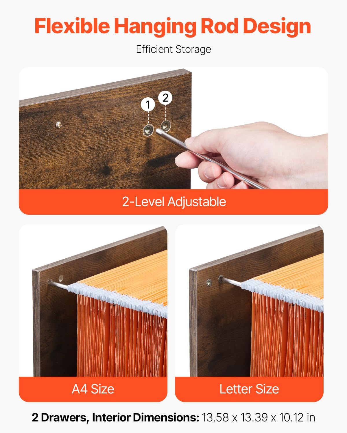 VEVOR 2 Drawer File Cabinet, Vertical Filing Storage Cabinets for Home Office, Heavy-Duty Cabinet with 2-Level Adjustable Hanging Rod, for A4/Letter/Legal Size File, Easy to Assemble (Honey Brown)