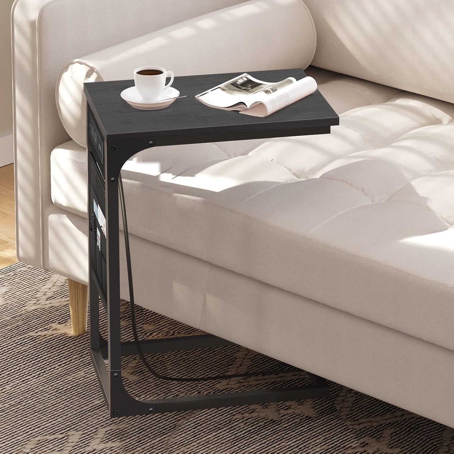 TUTOTAK C Shaped End Table with Charging Station, Side Table for Sofa and Couch with Storage, TV Tray Table with 2 USB Ports & Outlets - Black TB01BK024