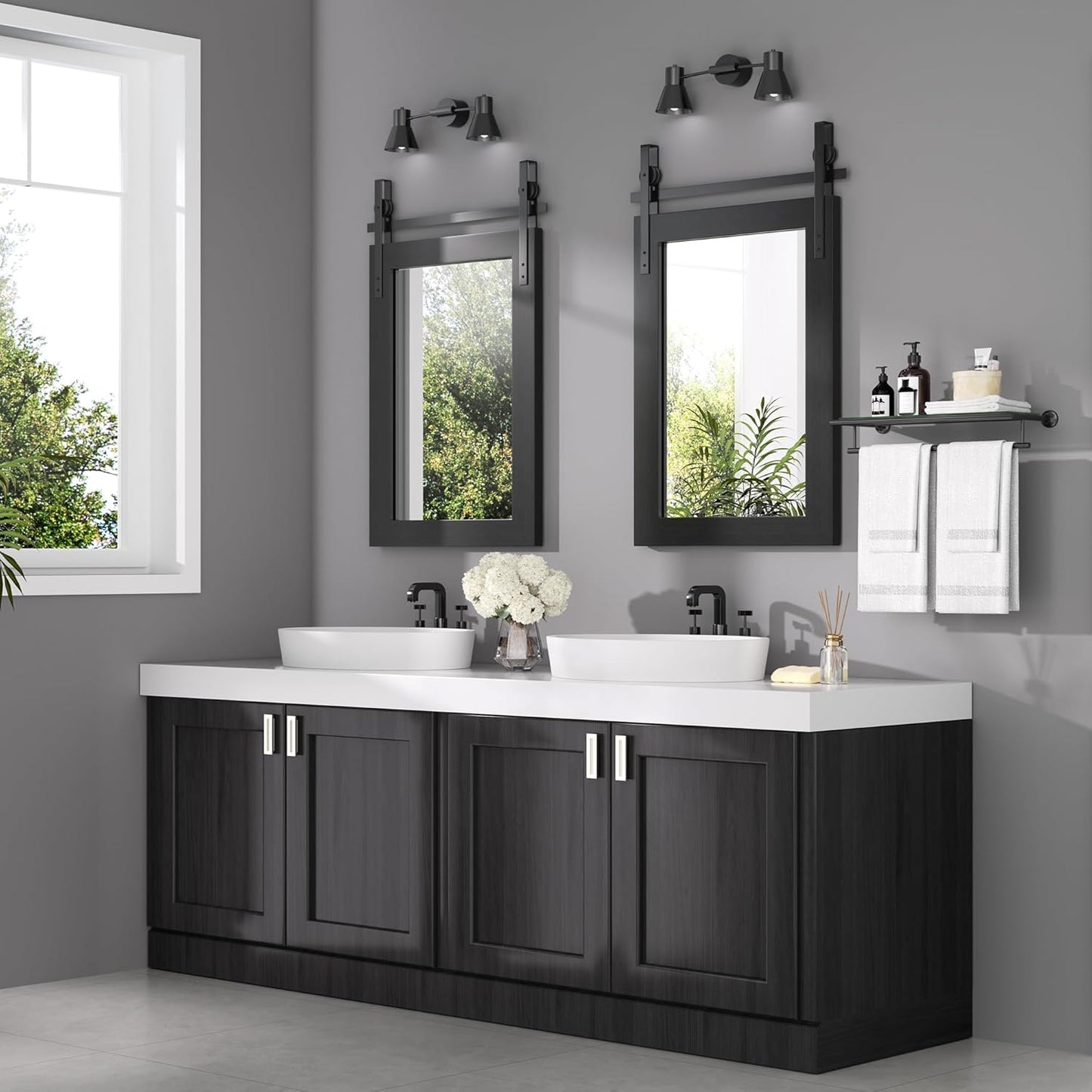 Hasipu Farmhouse Bathroom Mirror, 18"x26" Rustic Wood Framed Wall Mounted Mirror, Black Vintage Vanity Mirror Barn Door Style Decrative Mirrors