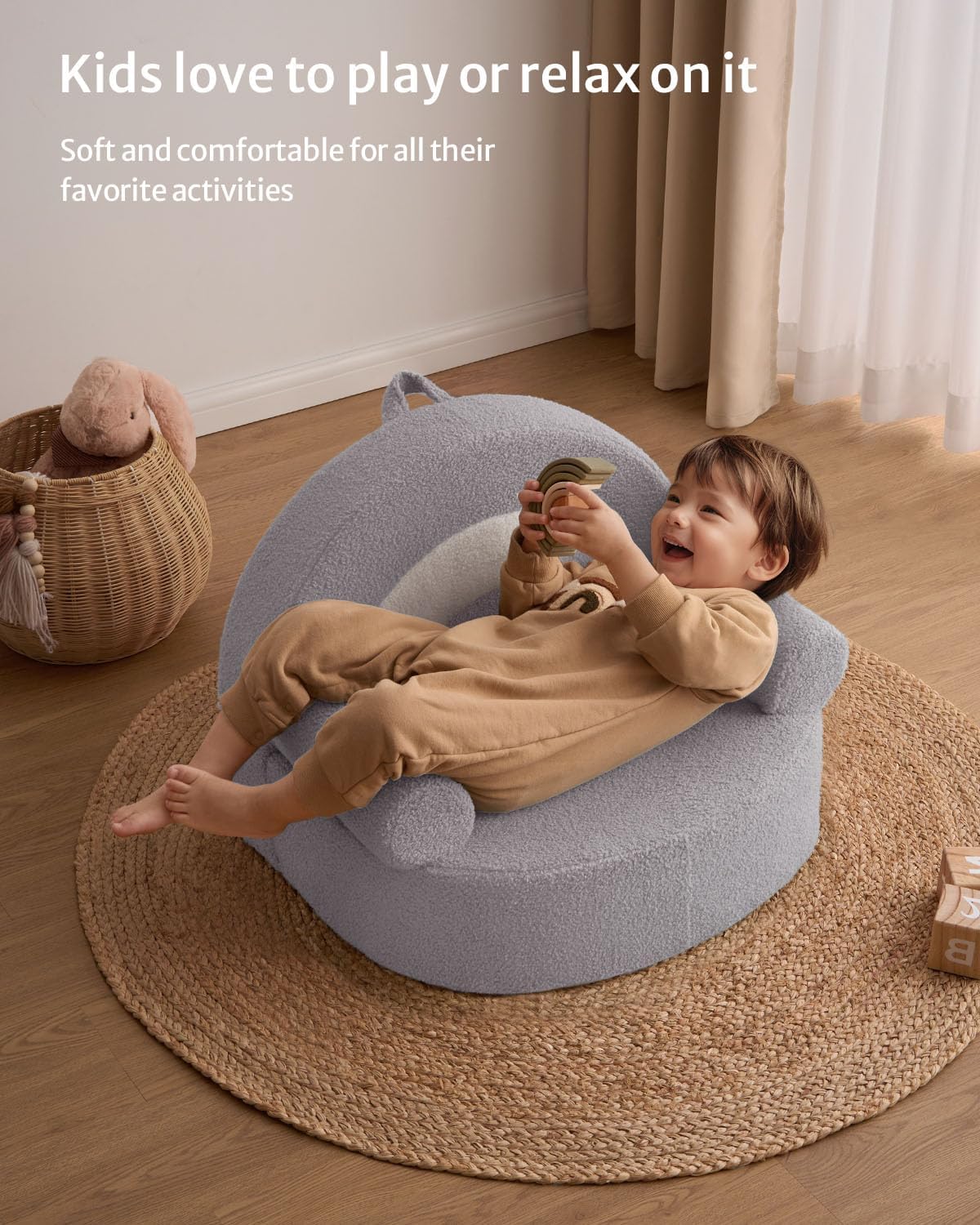 Blissful Diary Toddler Chair Comfy, Foam Kids Chair with Soft Teddy Plush, Toddler Reading Armchair for 1 2 3+ Year Old Girls Boys Baby Birthday Gift, Light Gray Arclet