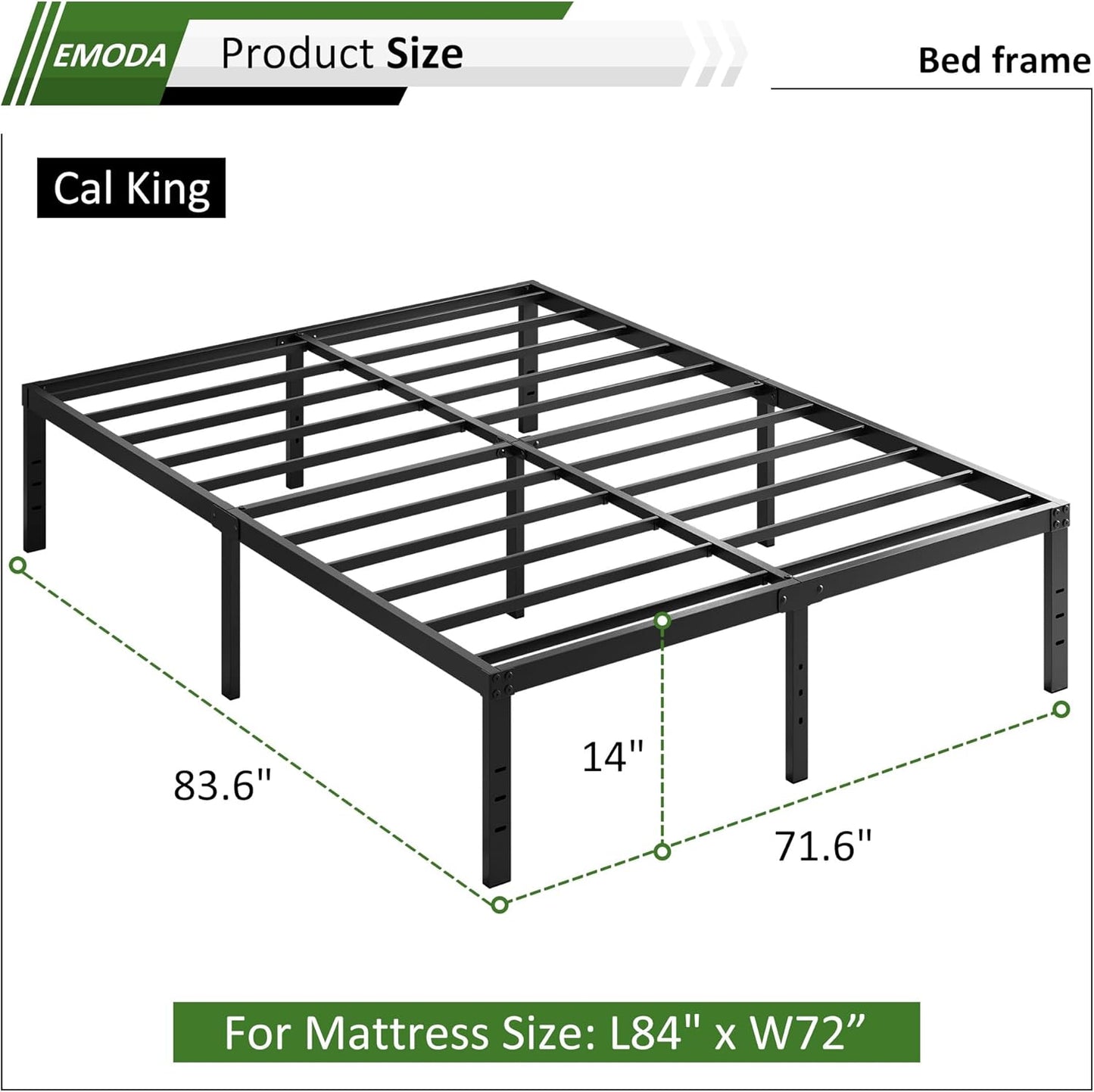 EMODA 14 Inch California King Bed Frames Heavy Duty Metal Cal King Platform with Steel Slats Support, No Box Spring Needed, Noise Free, Black