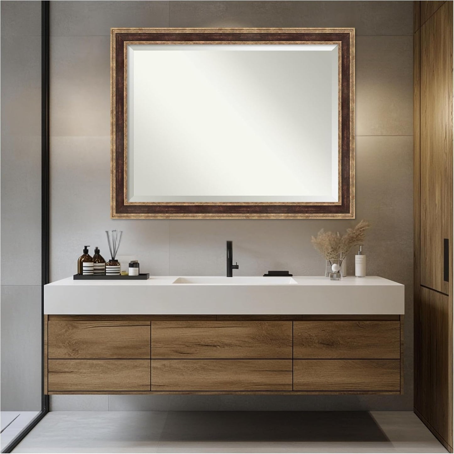 Amanti Art Bronze Bathroom Mirror for Over Sink, 36x46 Ridge Light Bronze Rectangle Vanity Mirror, X-Large Traditional Frame, Hangs Horizonally and Vertically, Bathroom Wall Decor, Beveled Edge