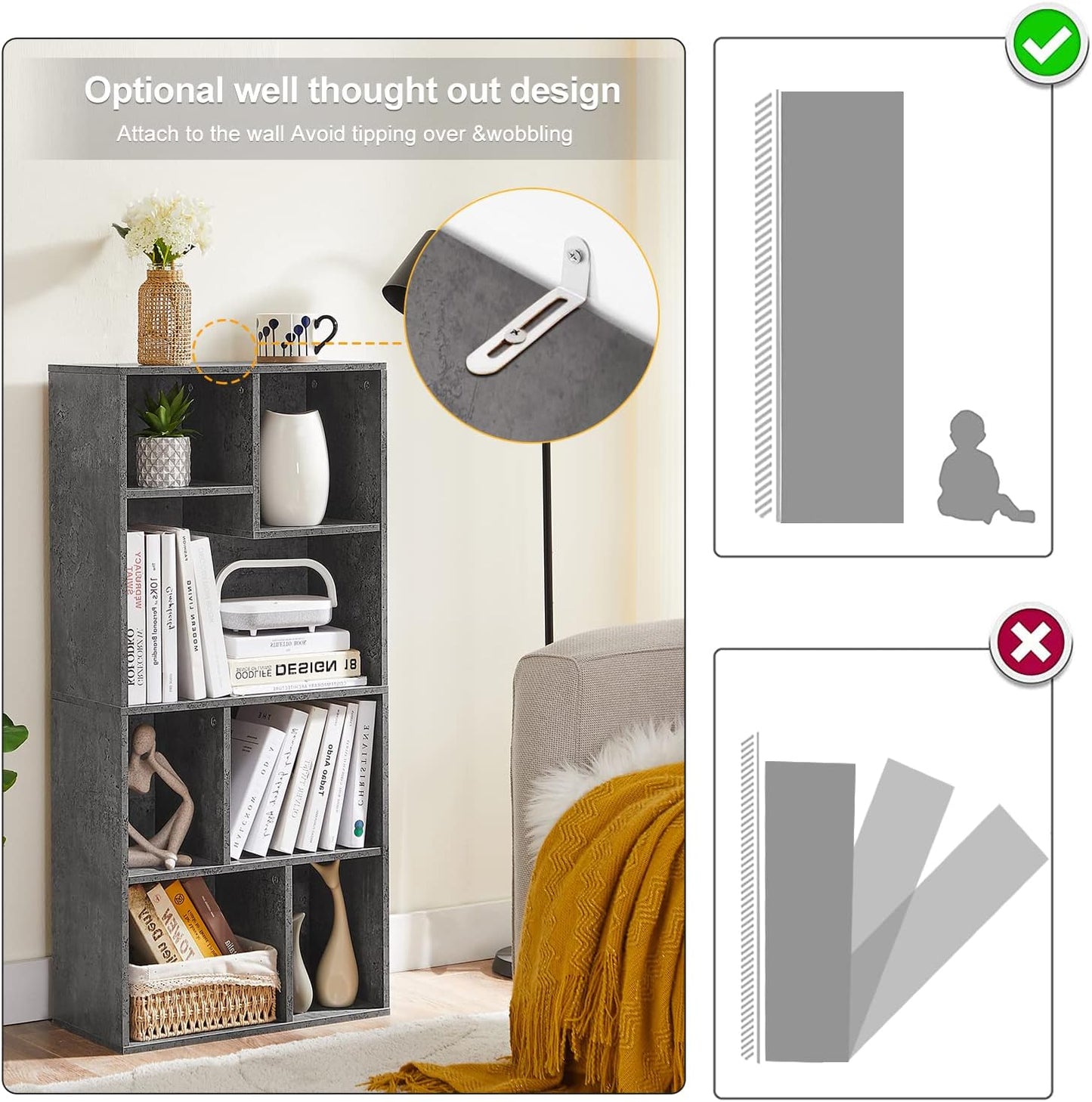 VECELO 42" Contemporary Bookshelf, 7 Cube Organizer Bookcase,Fits Tallest Hardcovers, Horizontal Available,Floor Standing Display,Easy Assembly, Modern Gray