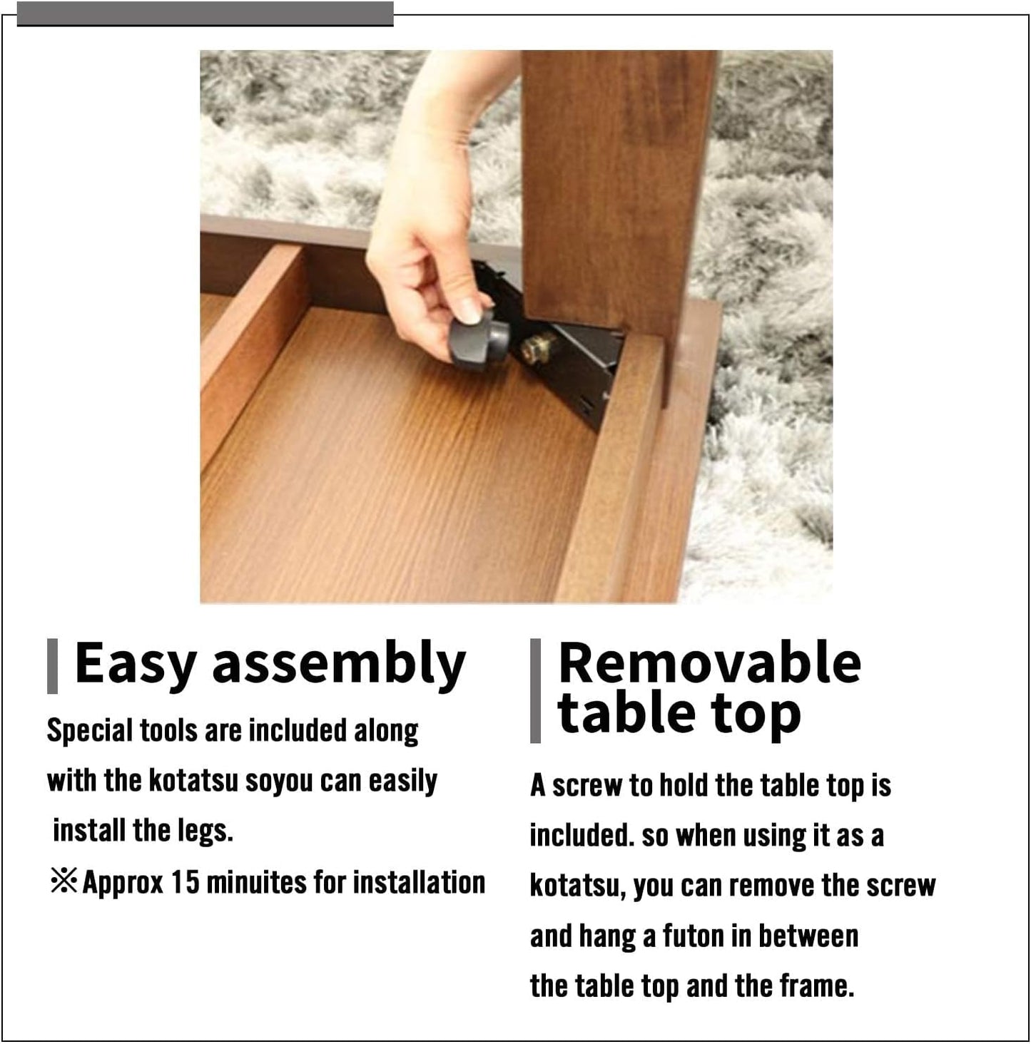 BJDesign Kotatsu - Japanese Heated Table - Wooden Chabudai Furniture with 120V Electric Heater - Low-Lying Dining and Work Desk with Temperature Control Knob (47x31in, Brown)