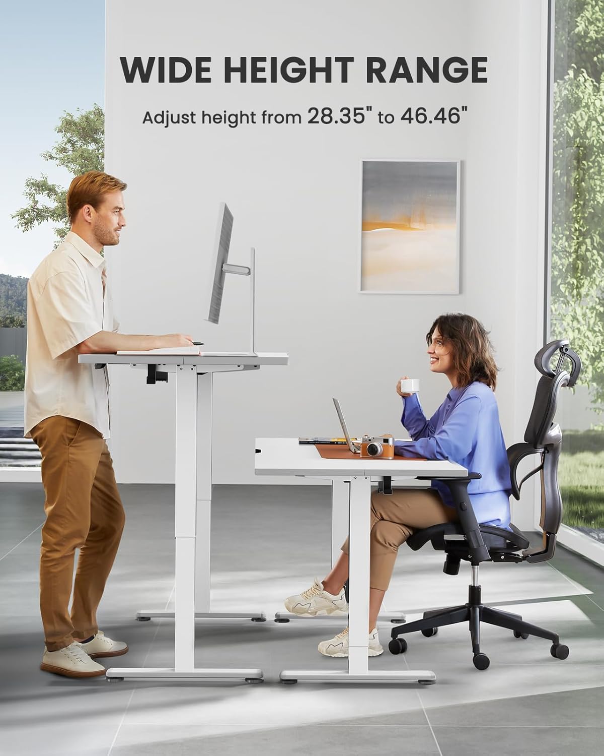 ErGear Small Height Adjustable Electric Standing Desk, 40 x 24 Inches Sit Stand up Desk, Memory Computer Home Office Desk with Two-Piece Desktop (White)