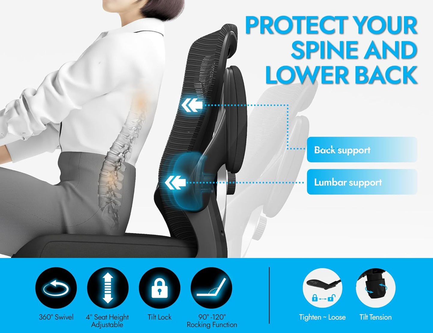 Ergonomic Office Chair - X-Shaped Computer Desk Chairs Comfy, Mesh High-Back Gaming Chair with Adjustable Lumbar Support, Executive Task Chair for Adults, Comfortable for Long Hours