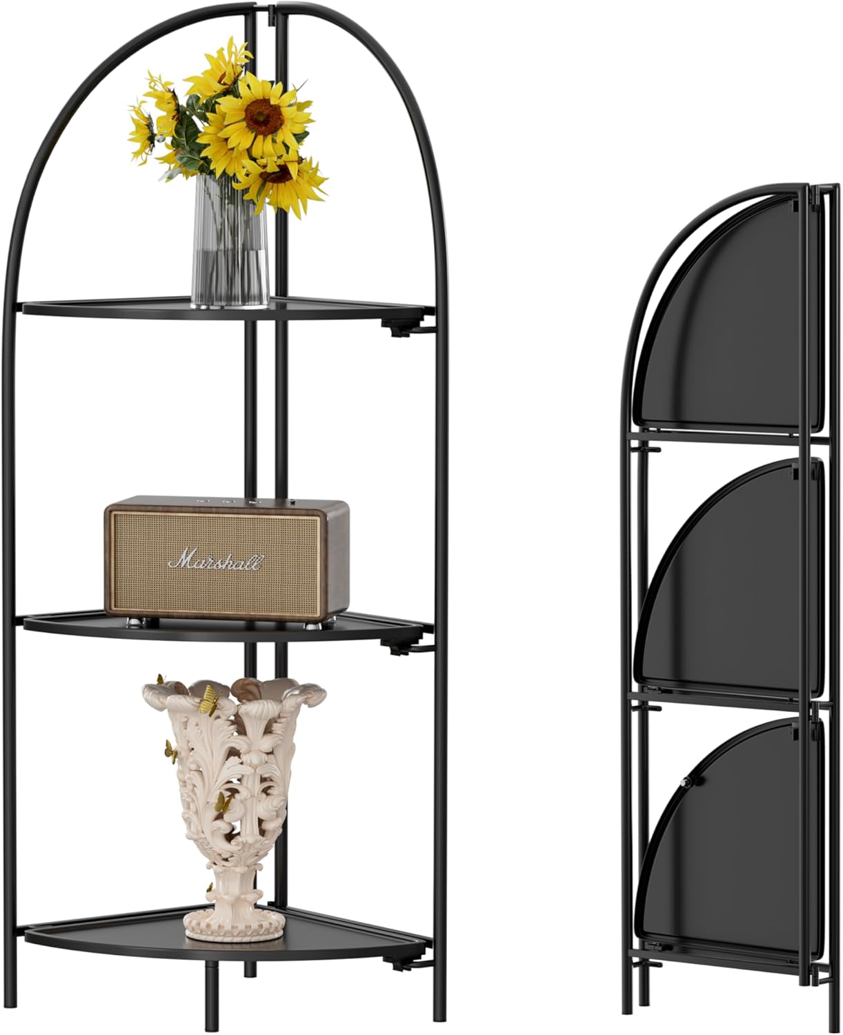 Crofy Foldable 3 Tier Corner Shelf, Metal Corner Plant Stand with Black Frame and Black Shelves, Corner Display Rack Multipurpose Shelving Unit for Living Room, Bedroom, Bathroom