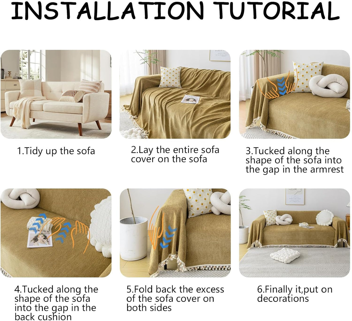 HANDONTIME Couch Covers for Pets Boho Mustard Yellow Love Seat Couch Covers Brown Sofa Cover for Dogs Pet Couch Protector Chenille Tassel Sofa Slipcovers Sofa Throw Cover Boho Decor, 91" X150"