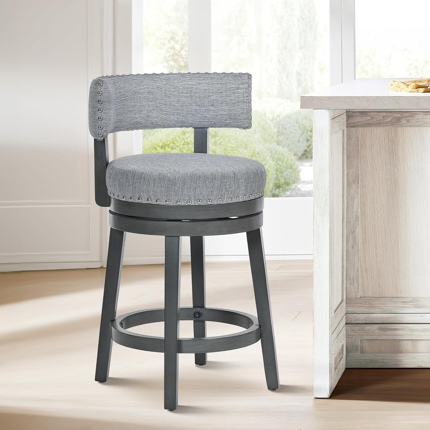 COLAMY Swivel Counter Height Bar Stools Set of 1, 25 Inch Modern Upholstered Kitchen Island Barstools with Back, Wood Swivel Bar Chairs for Counter Bar Dining Room, Grey