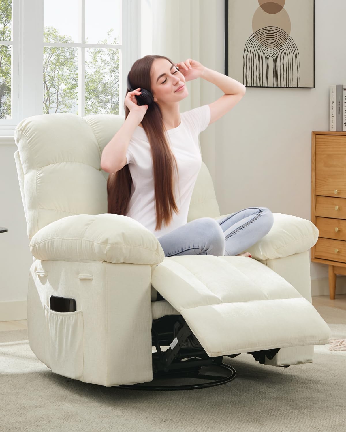 Rocking Recliner Chair,360° Swivel Rocker Chair for Living Room,Upholstered Fabric Glider Nursery Chair with Side Pockets for Small Spaces,Q235 Steel Frame Lazy Boy Recliner Single Sofa(Beige)