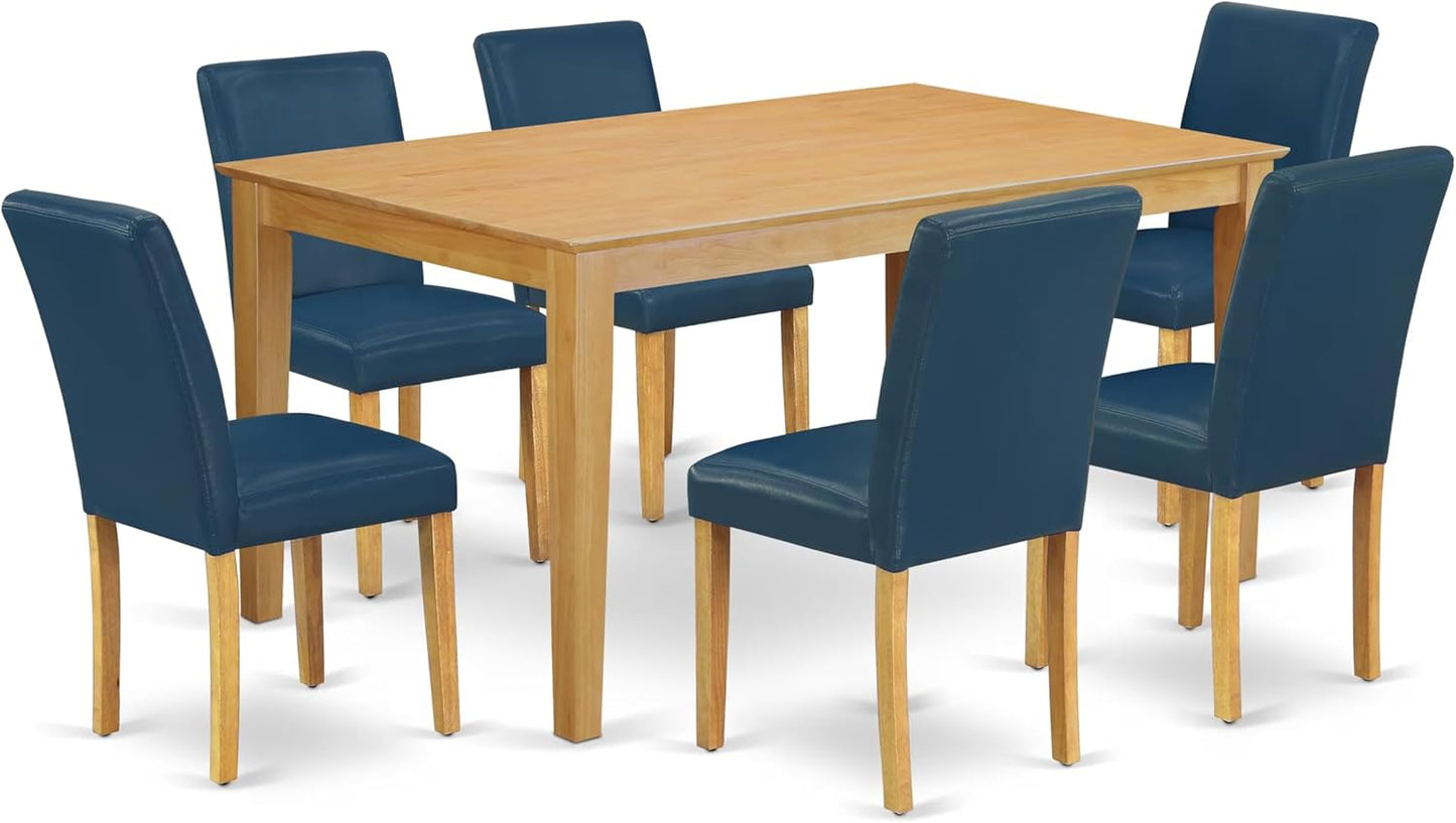 East West Furniture CAAB7-OAK-55 7 Piece Dining Table Set Consist of a Rectangle Dining Room Table and 6 Oasis Blue Faux Leather Upholstered Parson Chairs, 36x60 Inch, Oak