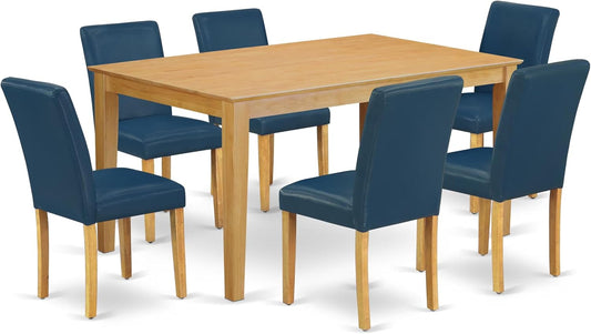 East West Furniture CAAB7-OAK-55 7 Piece Dining Table Set Consist of a Rectangle Dining Room Table and 6 Oasis Blue Faux Leather Upholstered Parson Chairs, 36x60 Inch, Oak