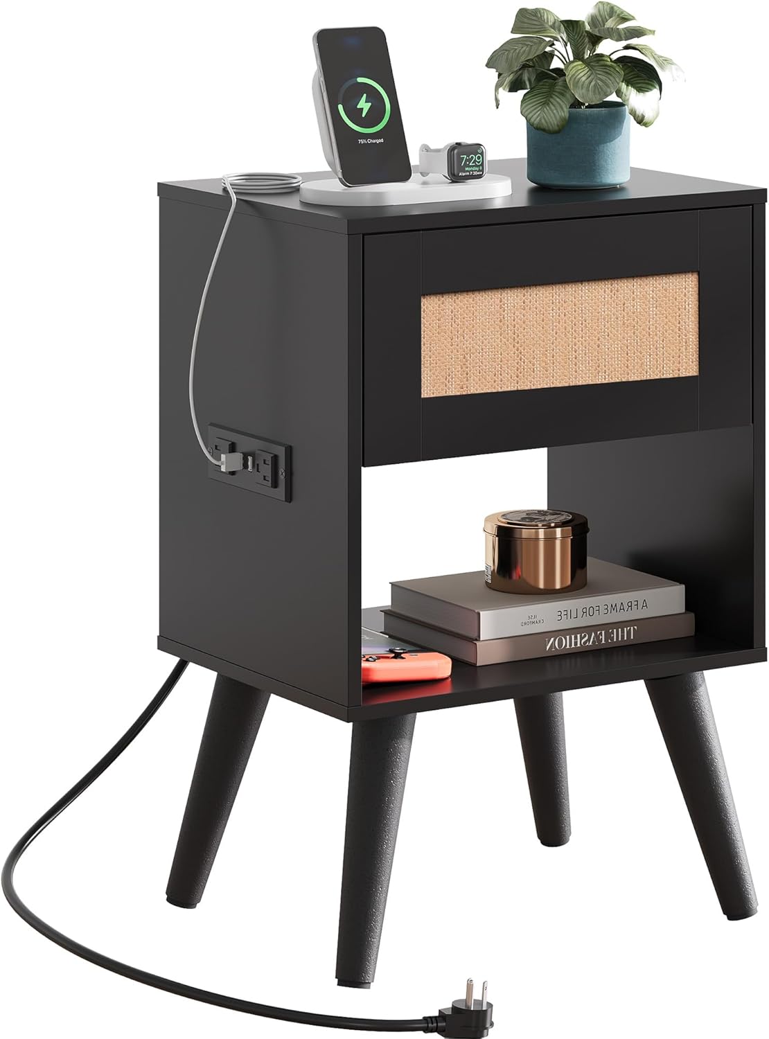 WLIVE Black Rattan Night Stand with Charger Station, Small Side Table Drawer Storage and Shelf, Mid Century Nightstands with Rattan Decor, Small Side Table for Bedroom, Black