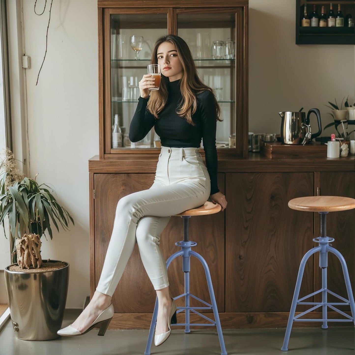 Industrial Bar Stools-Set of 2 24.4-28.3inch Counter Height Kitchen Stool-Modern Dinner Breakfast Chairs-Swivel Round Wooden Seat