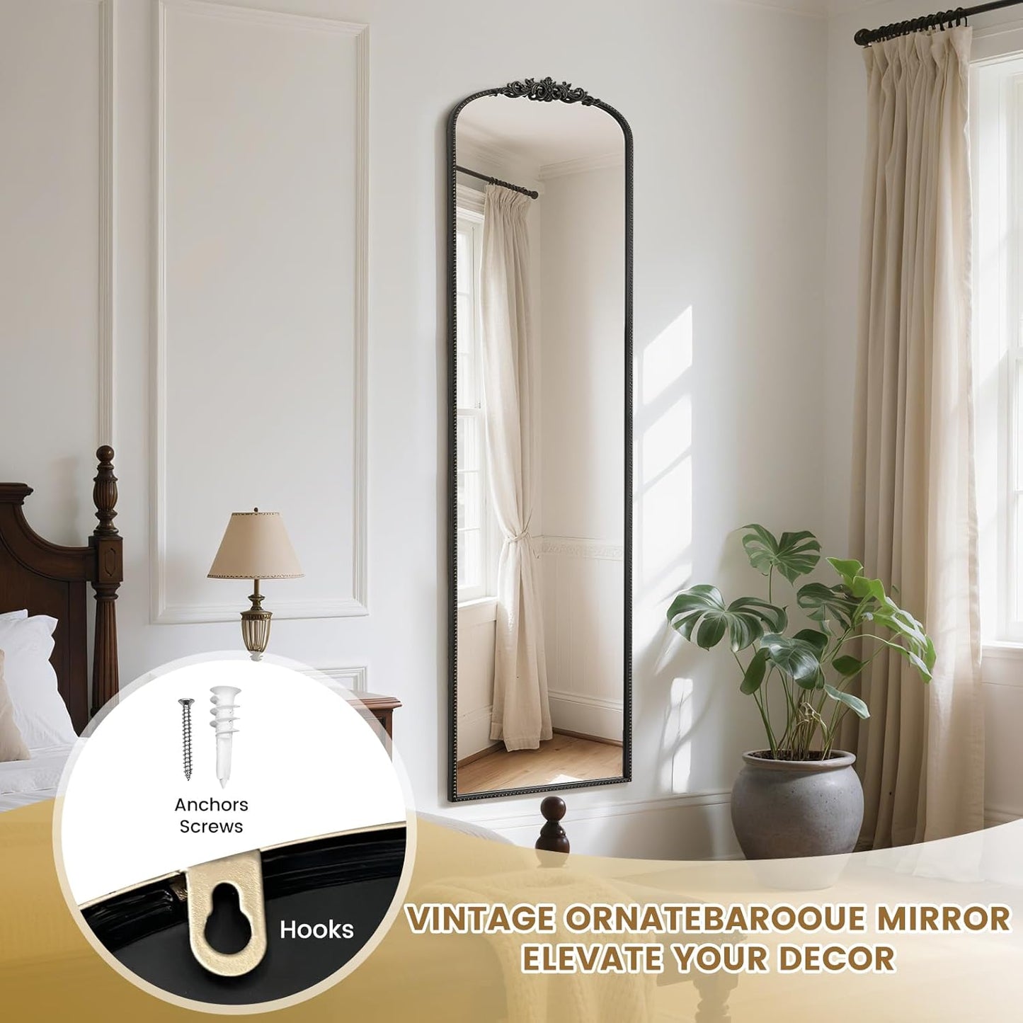 WallBeyond Arched Full Length Mirror Wall Mounted, 21x78 Inch Black Antique Mirror, Vintage Metal Frame Full Body Mirro for Bedroom, Living Room, Hanging or Leaning