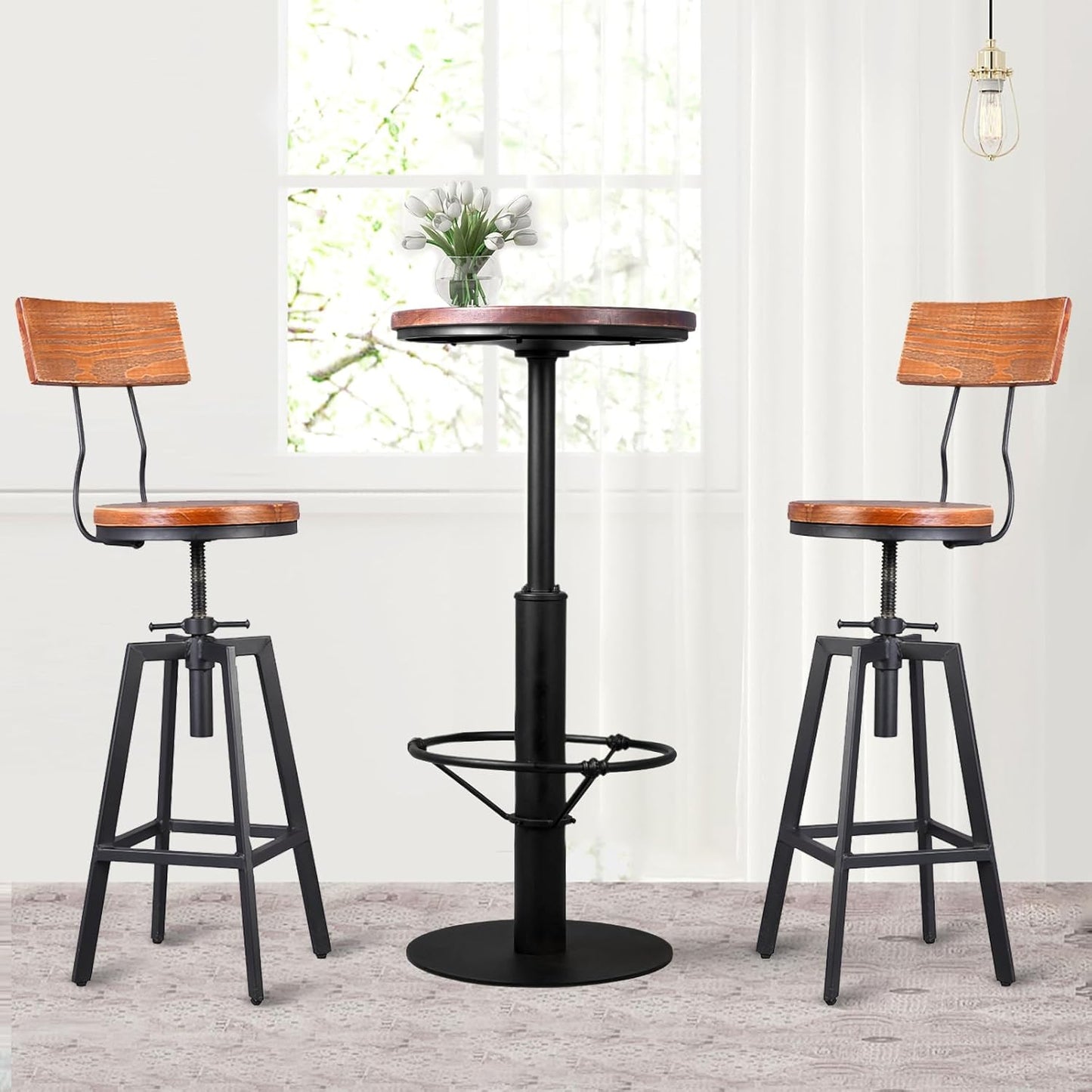 Industrial Bar Stools with Wood Backrest 25-32inch Height Adjustable Kitchen Island Dining Chair Extra Guest Stool Swivel Wooden Seat(Set of 2)