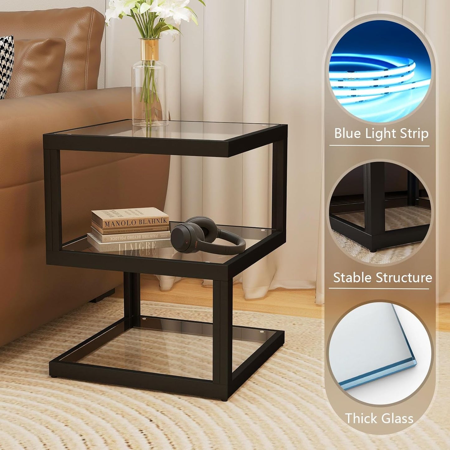 3-Tier Glass Table with LED Strip, Unique S-Shaped Design SideTable, Moderen Black Deco Table for Living Room and Bedside Room