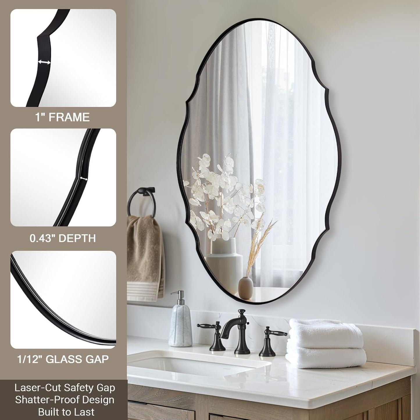 ANDY STAR Scalloped Oval Mirror for Bathroom, 24x36 Inch Matte Black Wall Vanity Mirror for Living Room,Fireplace, Rustproof Stainless Steel Metal Frame, Hang Vertical or Horizontal