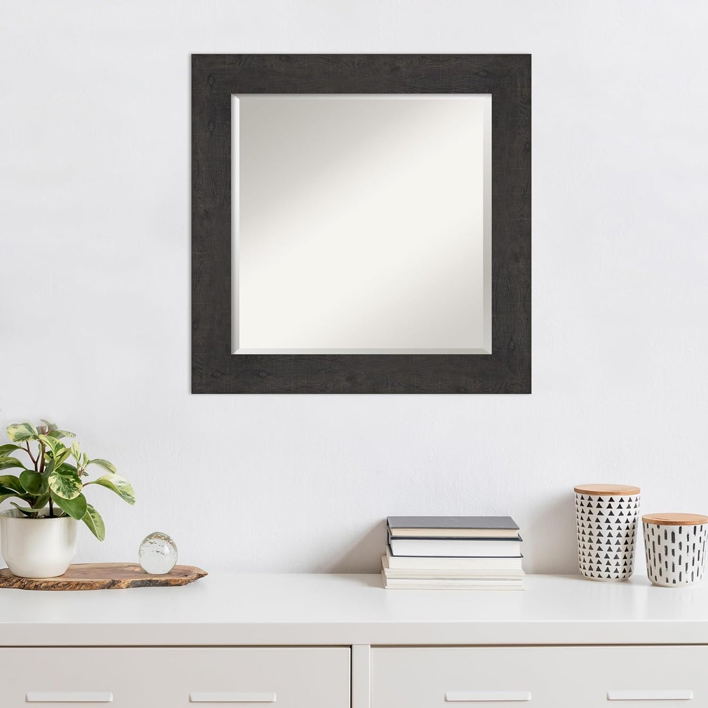 Amanti Art Brown Wall Mirror 26x26 Rustic Plank Espresso Square Bathroom Mirror for Wall Decor Living Room, Medium Country Rustic Frame, Hangs Horizonally and Vertically, Bathroom Decor, Beveled Edge