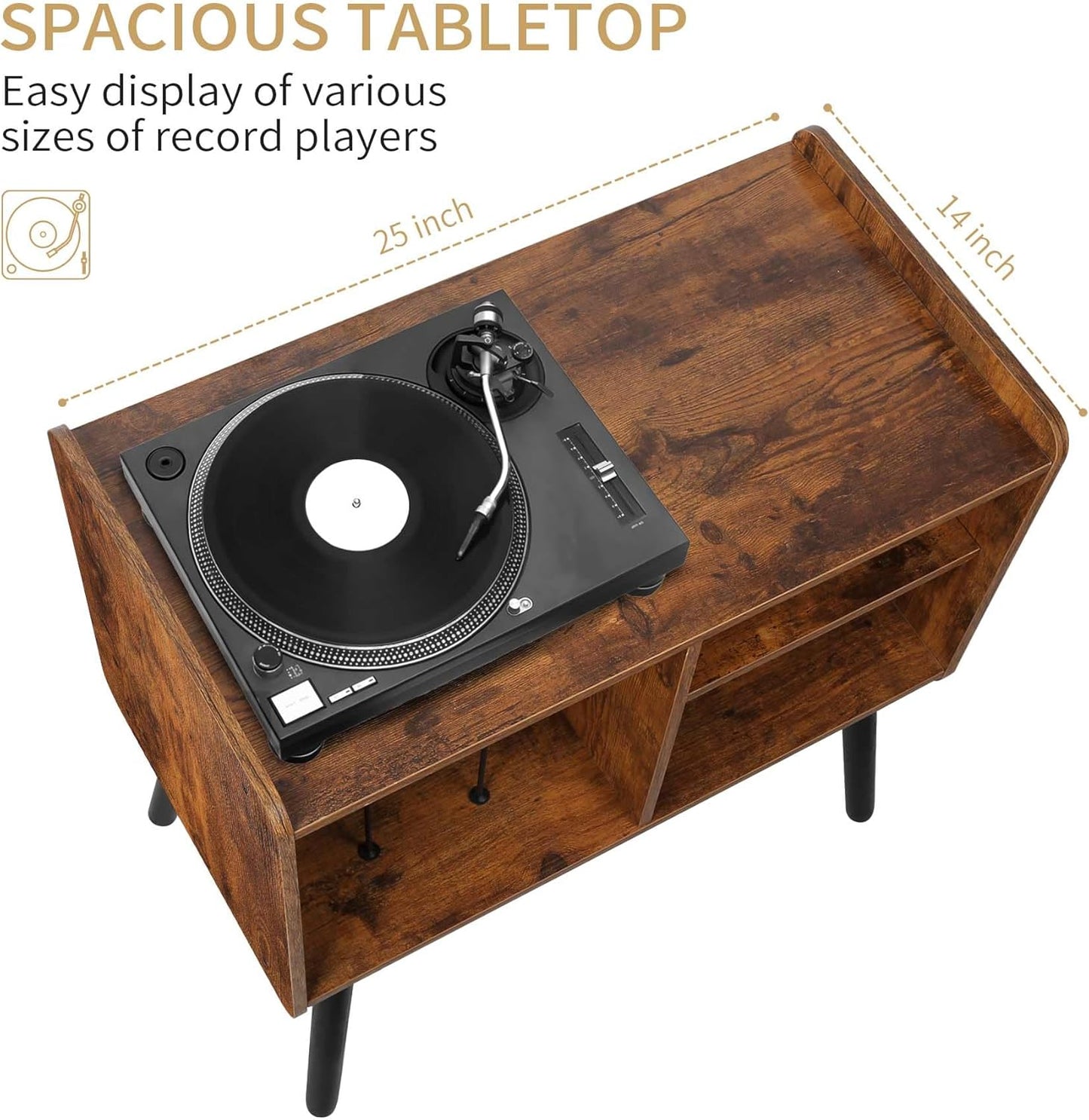 Record Player Stand with Vinyl Record Storage, Mid-Century Turntable Stand for Living Room Bedroom Office, Record Player Table, Vinyl Holder Holds up to 100 Albums, Rustic Brown