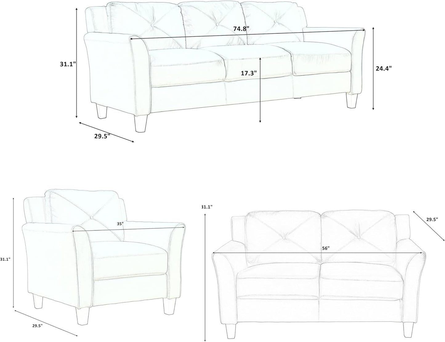 3 Pieses Modern Living Room Sofa Sets Polyester Blend Button Tufted Sofa&Couch Include 3Seaters Couch, Loveseat and Armchair with Ergonomically Curved Armrests for Home Apartment Office