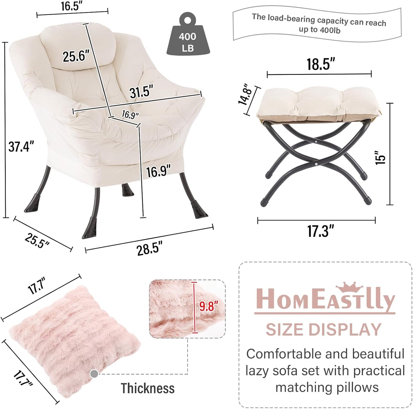 Lazy Chair with Ottoman, Modern Lounge Accent Chair with Armrests and a Throw Pillow, Leisure Sofa Chair Set, Reading Chair with Footrest for Living Room, Bedroom, Dorm Room, Office, Beige