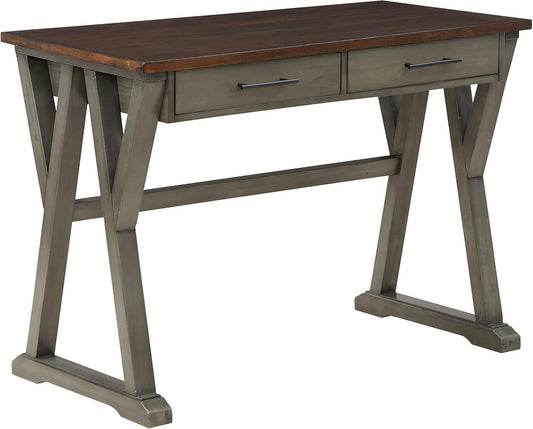 OSP Home Furnishings Jericho Rustic 42 Inch Writing Desk with 2 Drawers and Burnished Decorative Hardware, Slate Gray