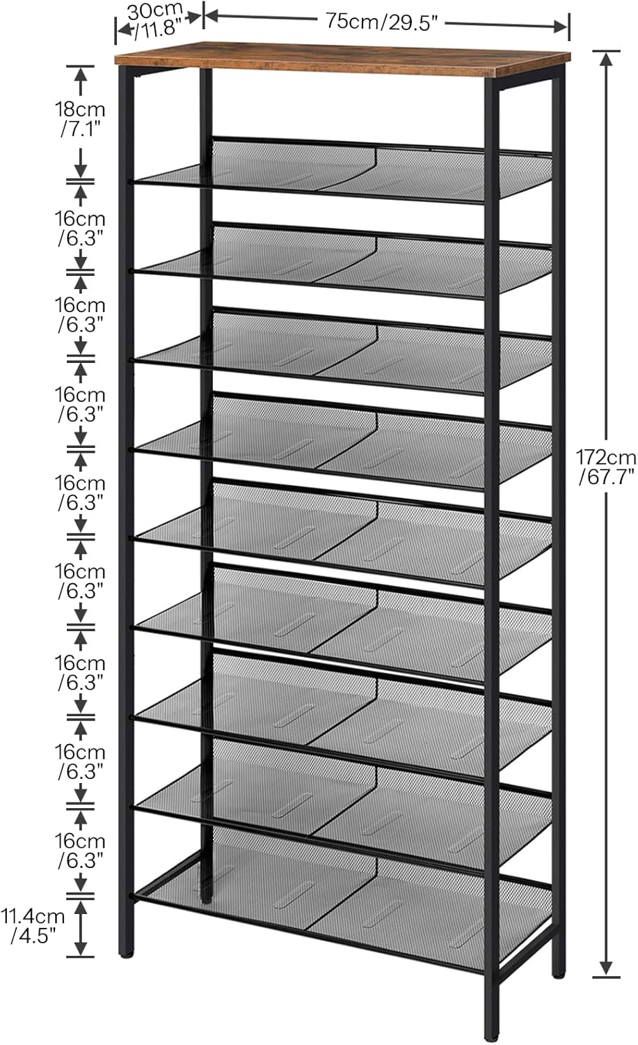 HOOBRO 10-Tier Shoe Rack, 29.5"L Shoe Shelf, Large Capacity Shoe Storage Organizer for 27+ Pairs of Shoes, Front Door Entrance, Entryway, Hallway, Closet, Space Saver, Rustic Brown and Black BF110XJ01