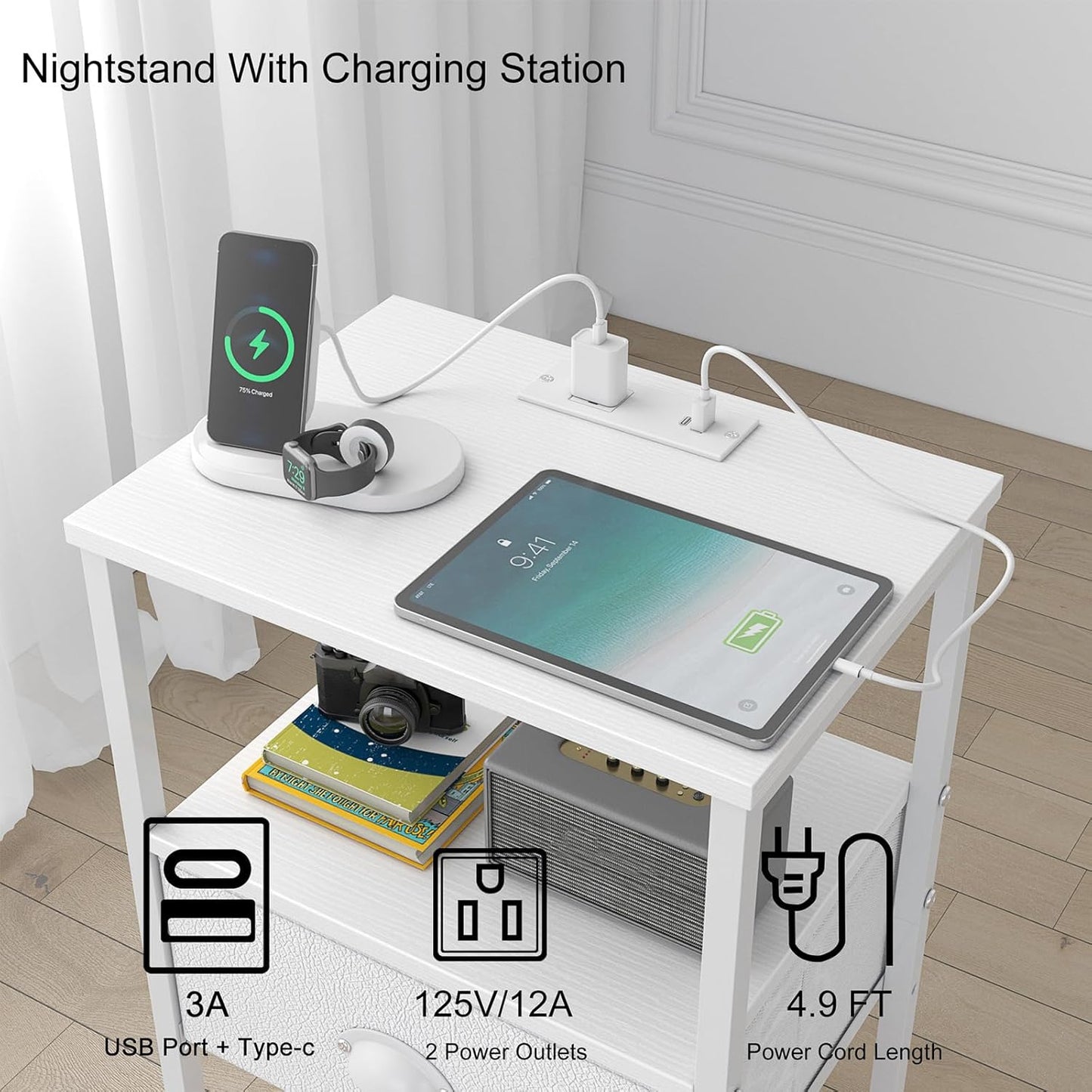 Nightstands Set of 2, Night Stands with Charging Station and Fabric Drawer PU Finish, Bedside Tables with Storage, 3 Tier Side Table with Open Shelf, Nightstands with Charging Station,White