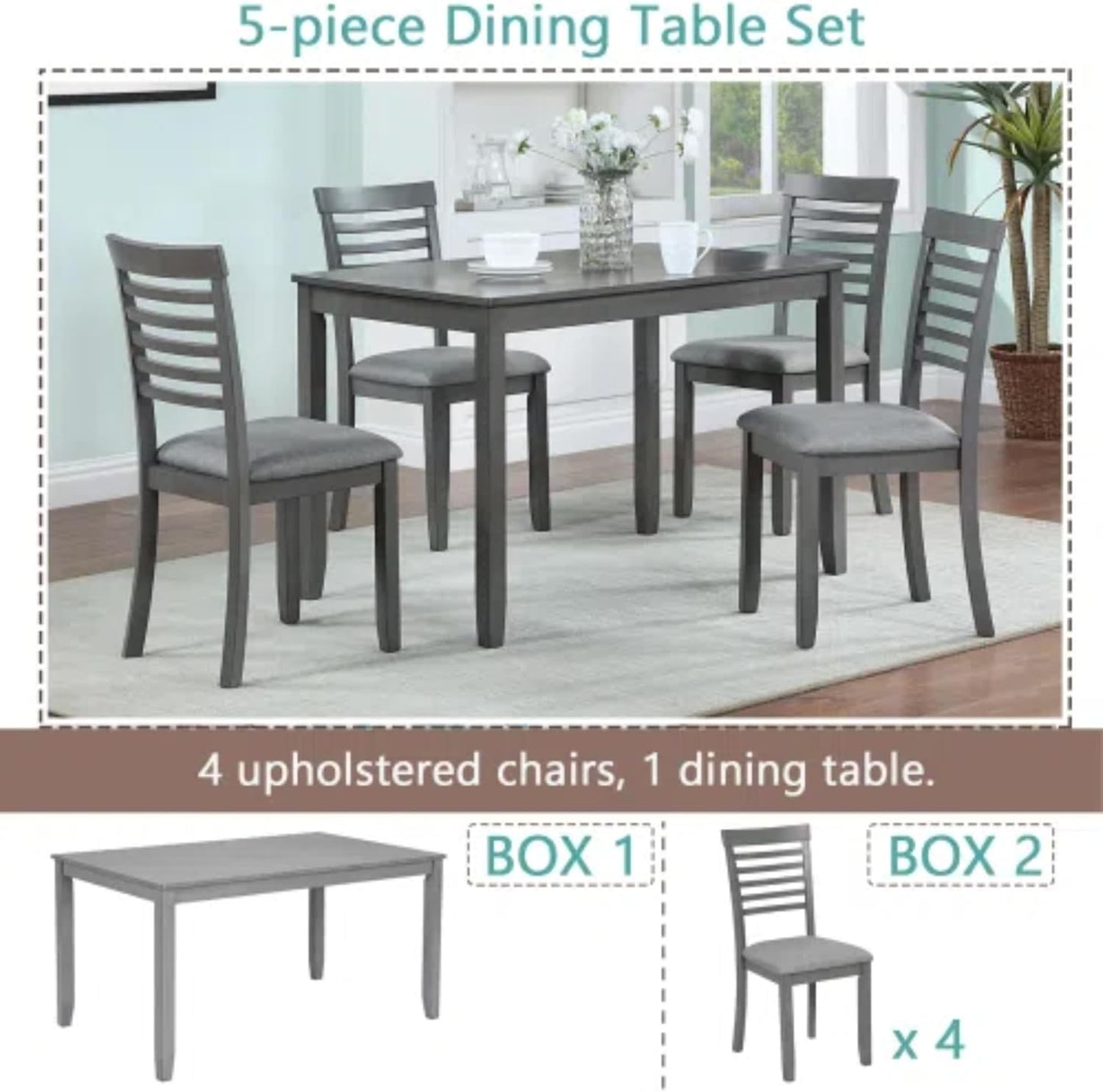 5-Piecern Dining Table Set, Kitchen Set with One Rectangular Table and 4 Upholstered Chairs, Living Room Chairs with Ladder Backrest and Comfortable Seat Cushion, Wooden Dining Furniture, Gary