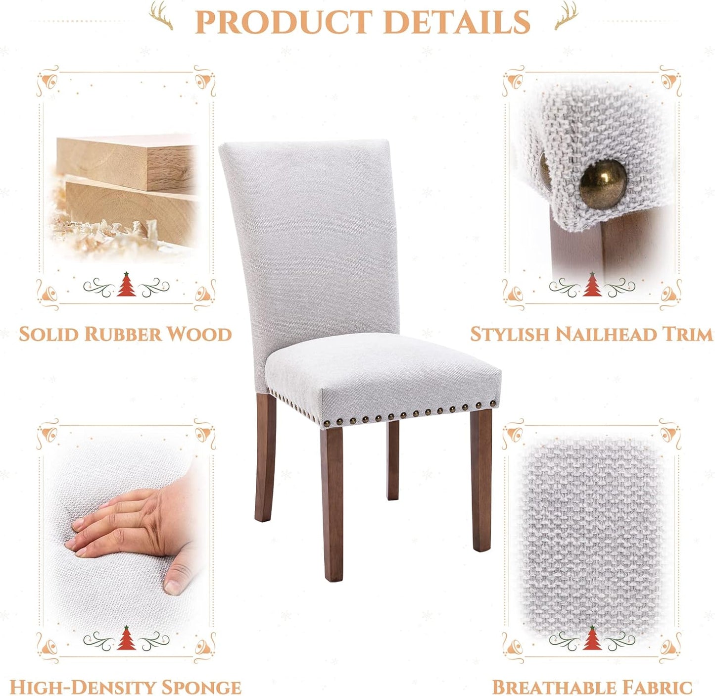 Parsons Dining Chairs Set of 4, Upholstered Nailhead Dining Room Kitchen Side Chair with Thick Cushions and Wood Legs, Light Grey