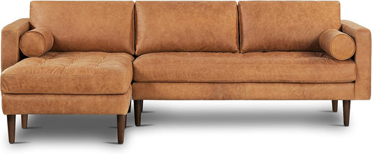 Poly & Bark Napa Leather Couch - Left Facing Sectional Sofa with 2 Bolsters - Full-Grain Leather Sofa for Living Room with Feather-Down Topper - Corner Couch - Vintage Italian Leather in Cognac Tan