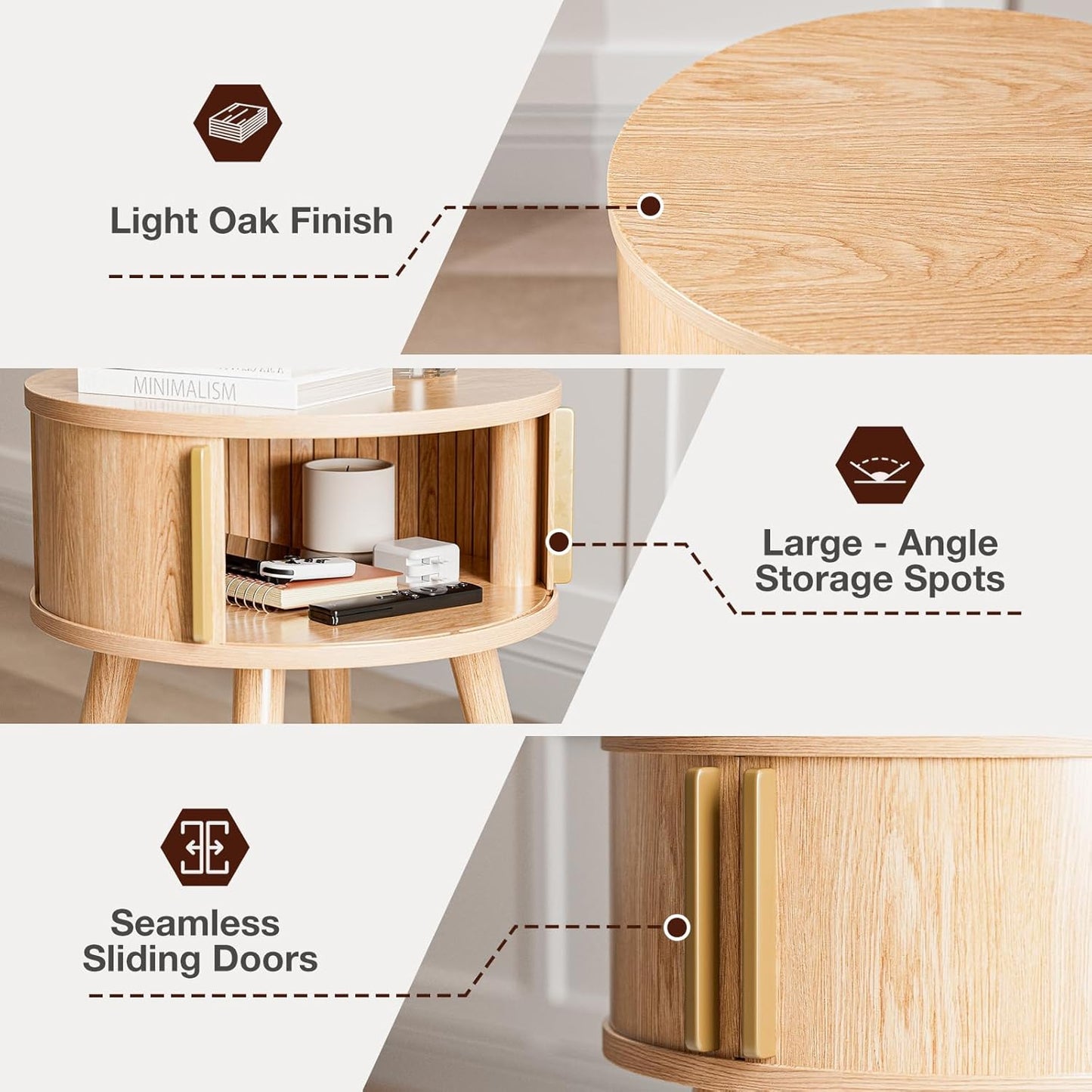 Side Table with Sliding Door & Cabinet, End Table for Living Room, Night Stand for Bedroom, Modern Bedside Table with Solid Wood Legs, Natural