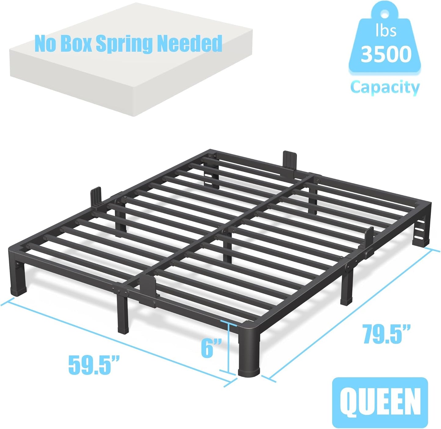 FUIOBYVV 6 Inch Queen Bed Frame with Rounded Corner and Headboard Hole Mattress Retainers 3500 LBS Metal Heavy Duty Steel Slats Support No Box Spring Needed Platform Noise Free Easy Assembly