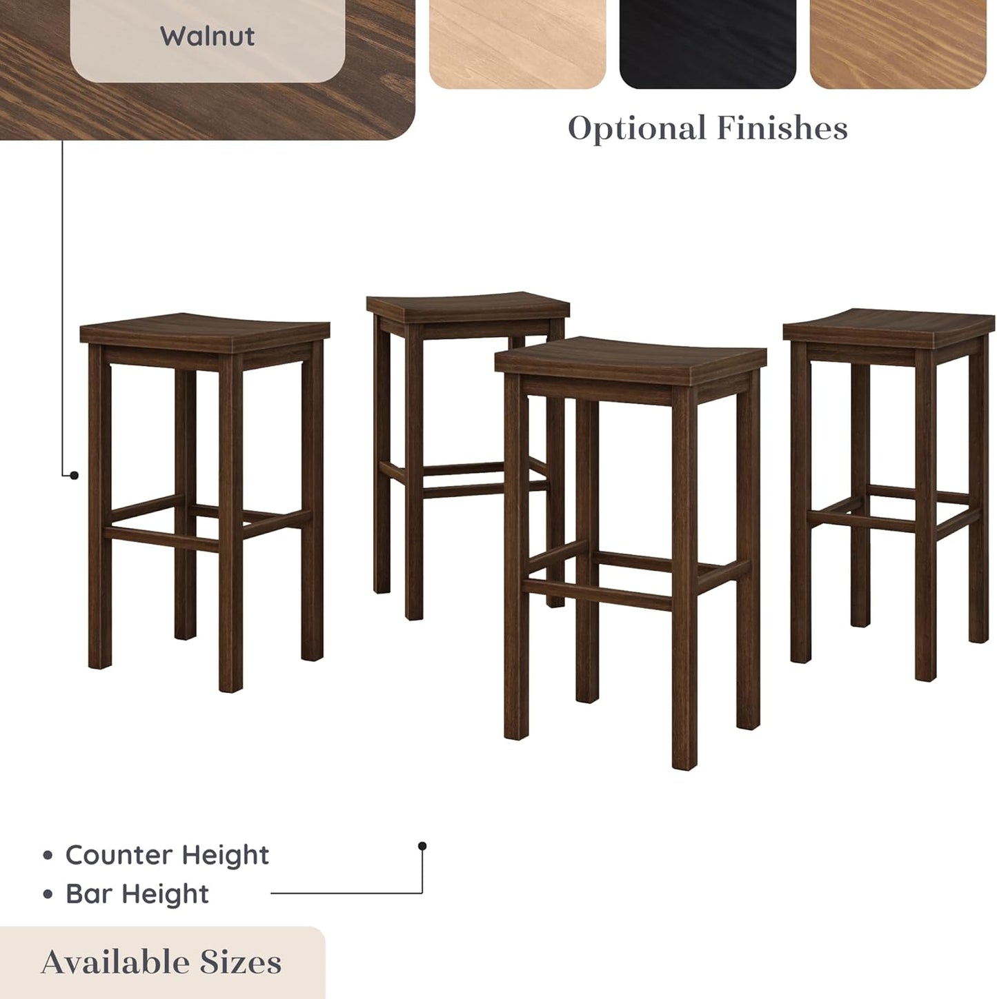 Grain & Grove Smith Collection Set of 4 Solid Wood Bar Stools, 30 inch Saddle-Seat Bar Chairs, Backless, Heavy-Duty Construction, Footrest Support, for Kitchen Islands, Home Bars, and Counters, Walnut