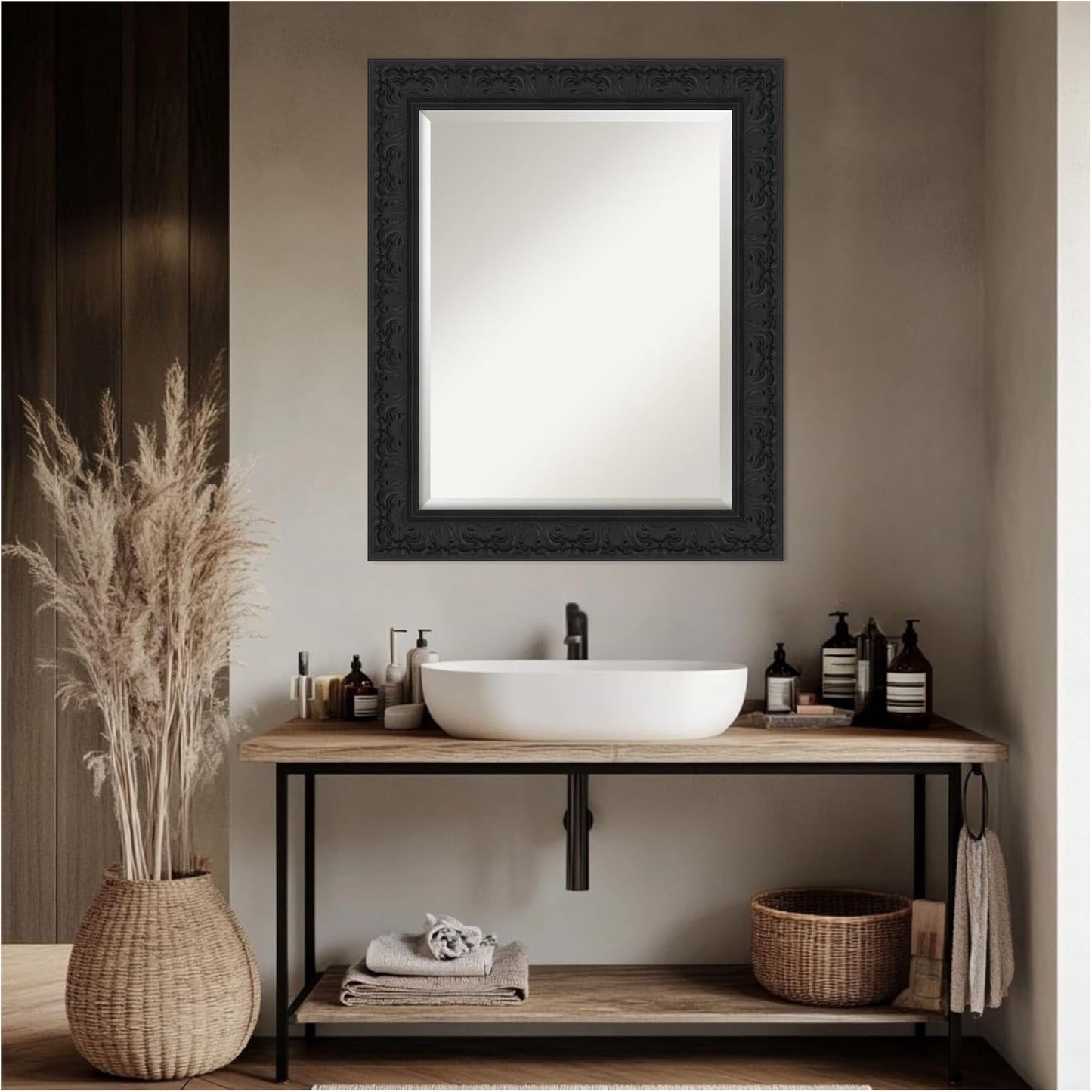 Amanti Art Black Bathroom Mirror for Over Sink, 29x35 Luxe Black Rectangle Vanity Mirror, Large Traditional Frame, Hangs Horizonally and Vertically, Bathroom Wall Decor, Beveled Edge