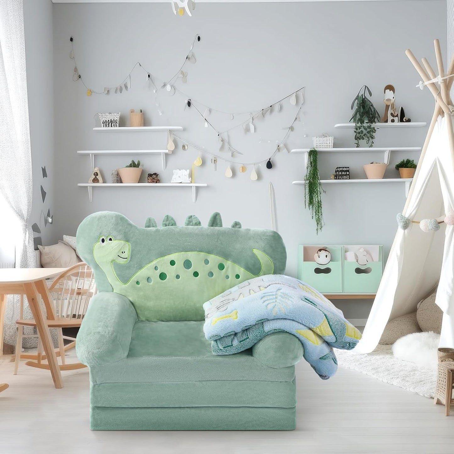 Dinosaur Kids Couch Fold Out 2-in-1 Toddler Sofa Fold Out with Blanket, Soft Toddler Chair Comfy for Boys Girls Baby, Convertible Sofa to Lounger for Napping Reading Playing Christmas, Green