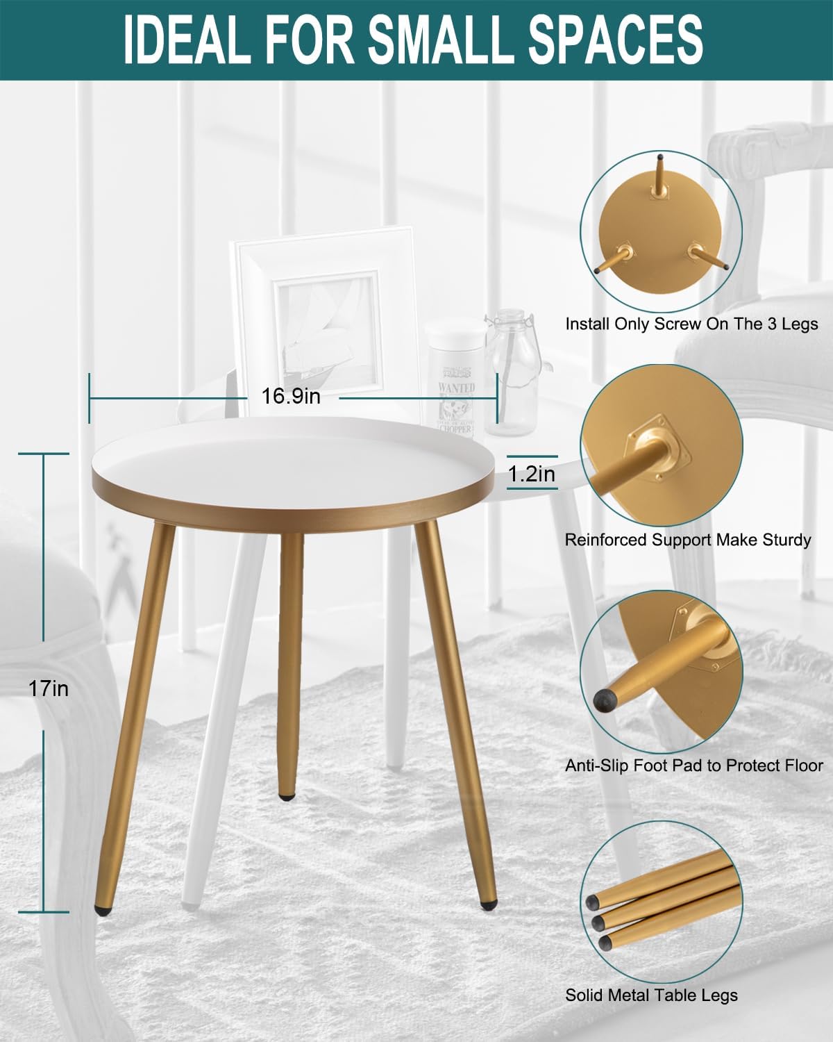 AOJEZOR Side Table: End Table for Any Room - Round Side Tables for Small Spaces - White Top with 3 Gold Legged