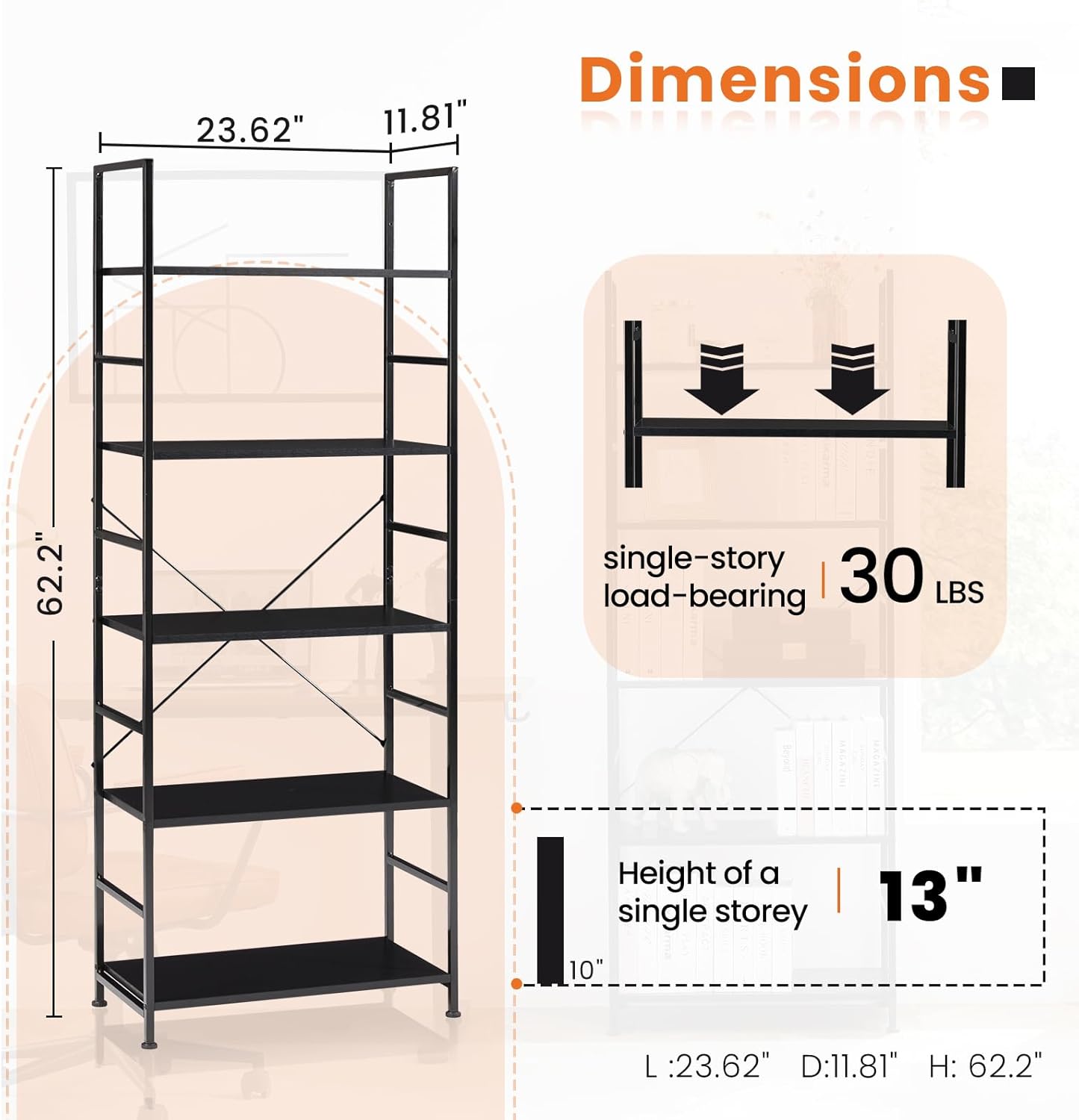 DUMOS 5-Tier Book Shelf Tall Modern Bookcase Set of 2 for Books, CDs, Movies, Storage and Organization Bookshelf Industrial Home Decor for Bedroom Office Kitchen Living Room, Black & Brown