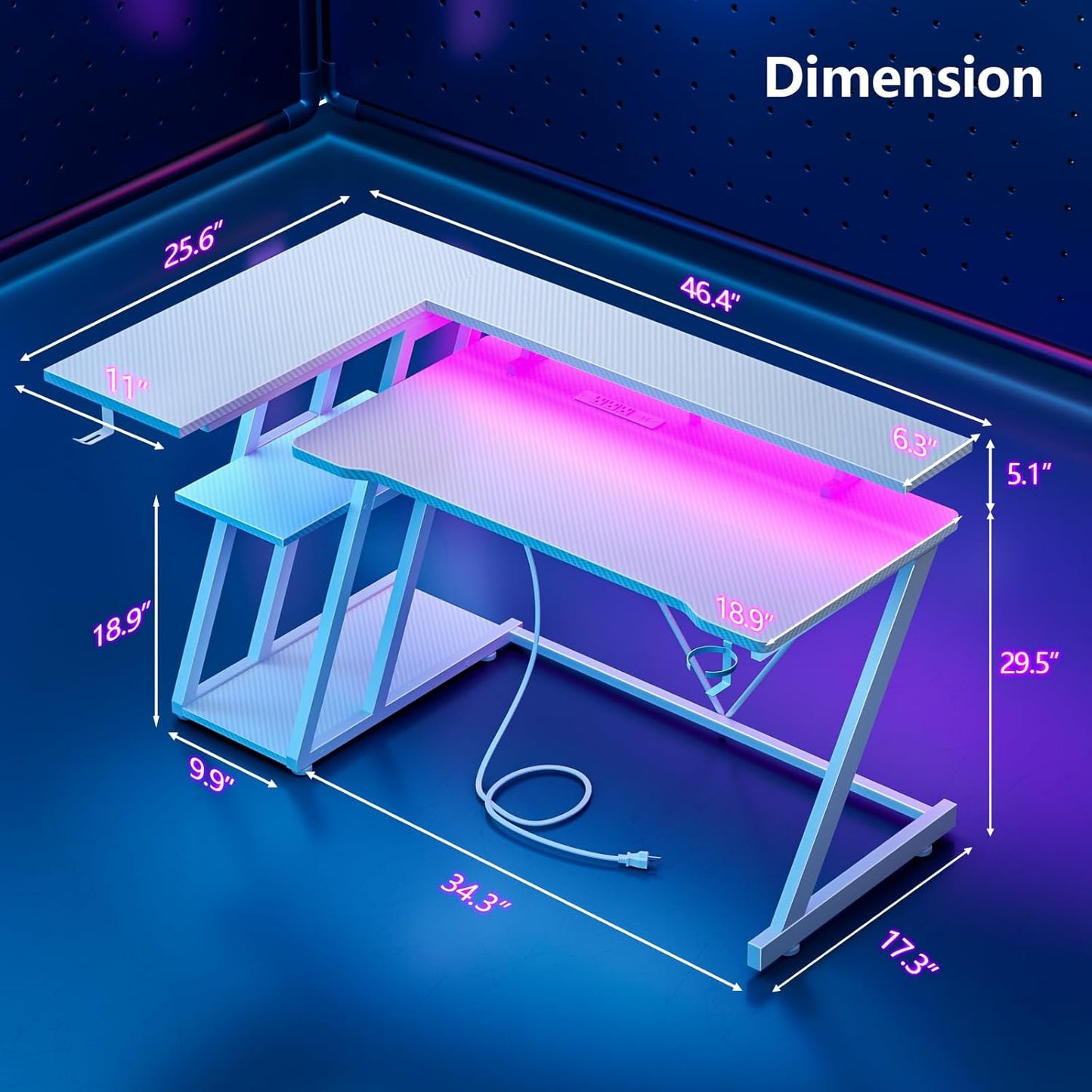 47 Inch White Gaming Desk with Power Outlet & LED Lights, Corner Computer Desk with 3 Tiers Storage Shelves, L Shaped Gaming Desk with Monitor Stand for Bedroom