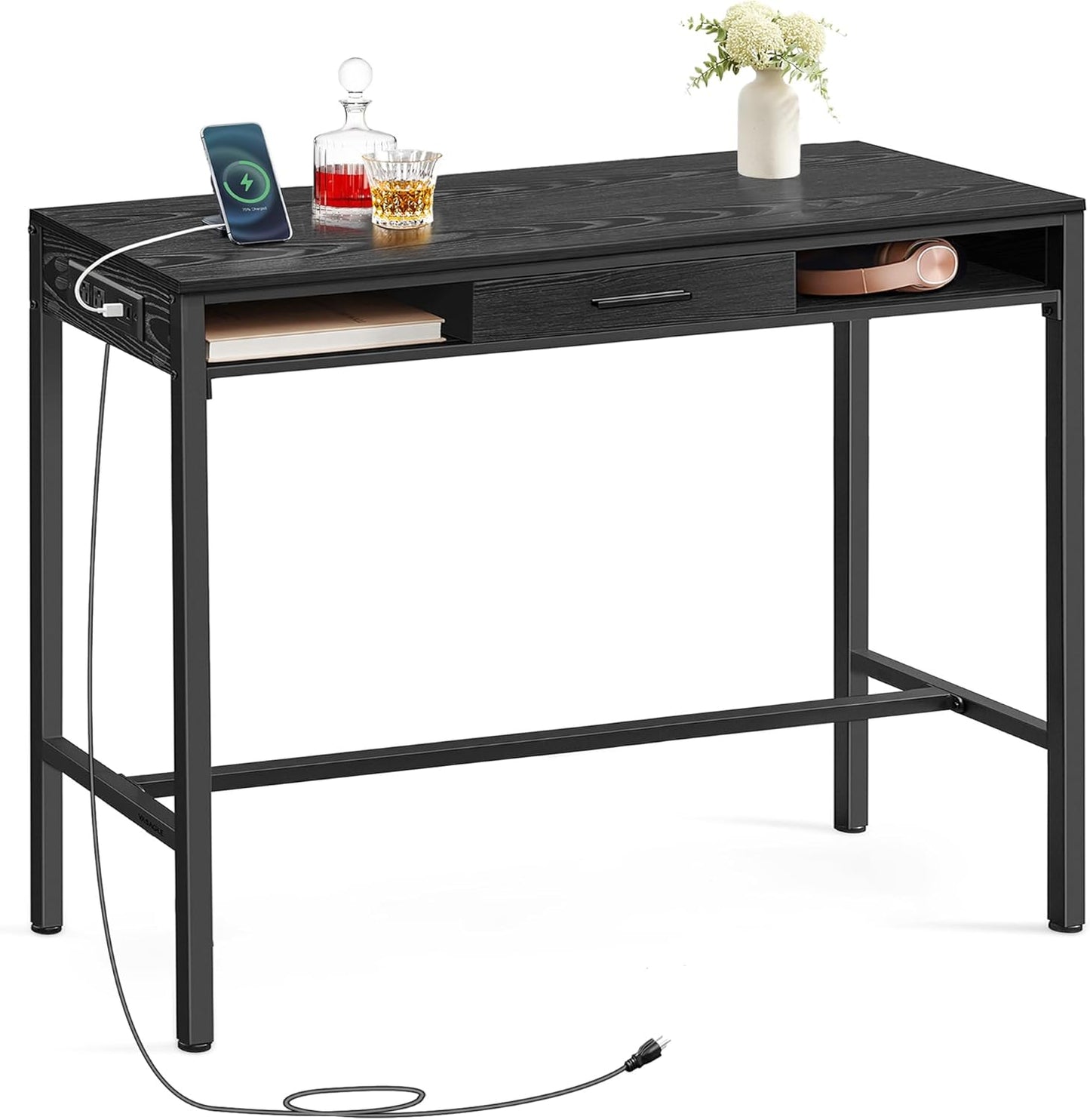 VASAGLE Bar Table with Power Outlets, 39.4 Inches Long Bar Height Pub Table, Rectangular High Top, with Movable Drawer, 2 Hooks, Narrow Storage for Kitchen, Dining, Entryway, Ebony Black
