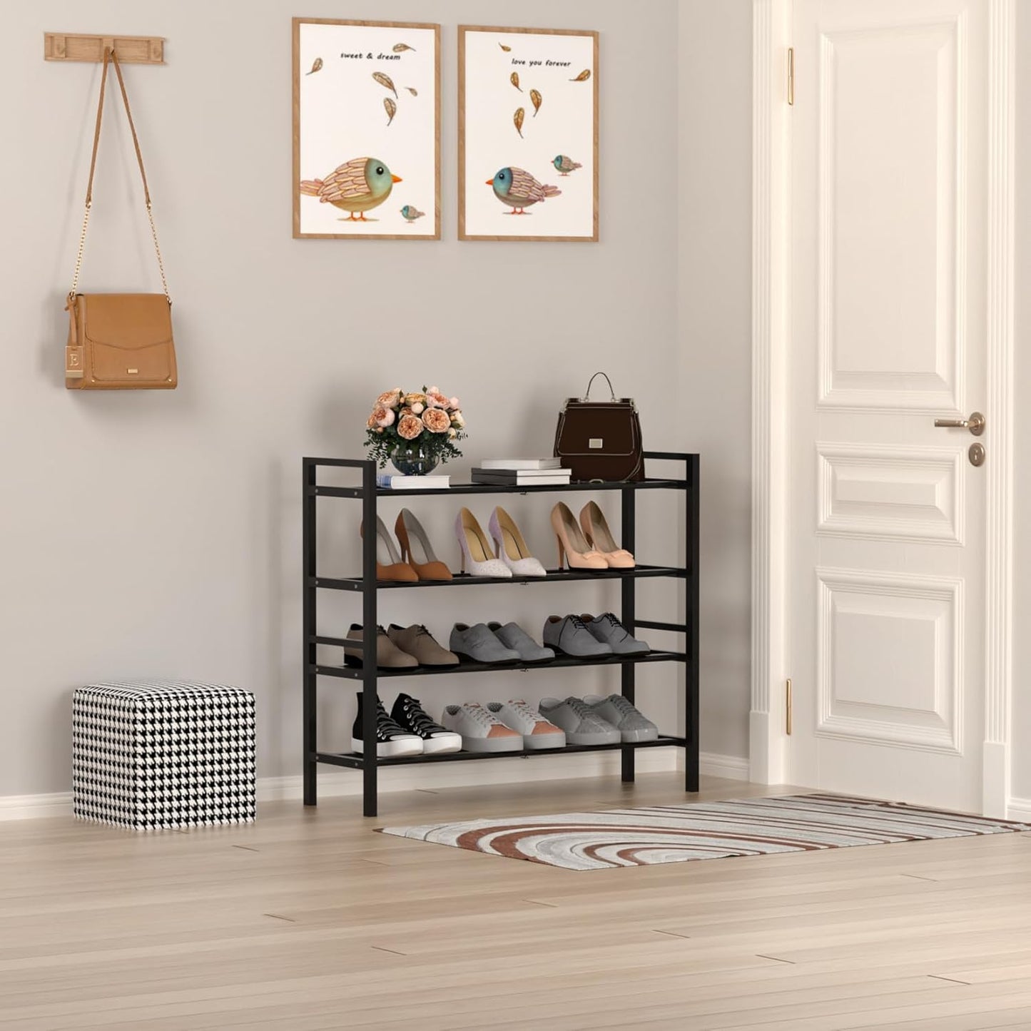 Haddockway Bamboo Shoe Rack for Closet, Free Standing Shoe Organizer with Smooth Round Rods & Convenient Handles, Stackable Shoe Storage Shelf for Entryway, Hallway(Black, 4-Tier)