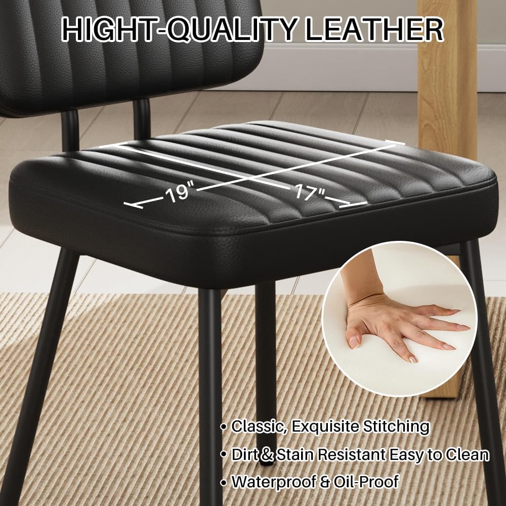 Dining Chairs Set of 4, Upholstered Mid Century Modern Kitchen Dining Room Accent Chairs with Faux Leather Cushion Seat & Metal Legs for Kitchen, Living Room (Black, Set of 4)