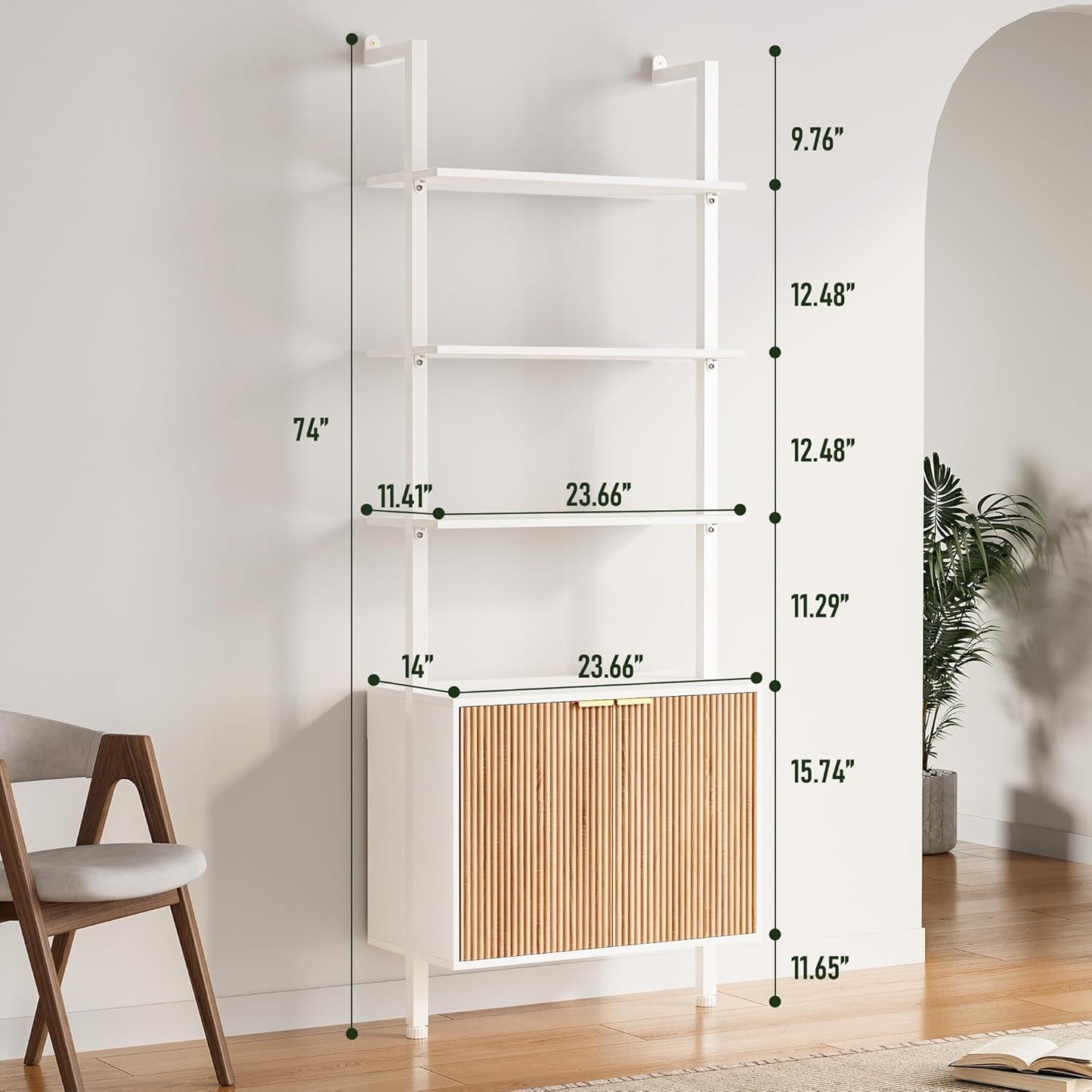 74" Tall Bookshelf with Storage Cabinet, Modern Ladder Shelf with Wood and Metal Frame, Wall Mount Bookcase Open Display Shelf Furniture for Living Room, Bedroom, Home Office, White and Oak