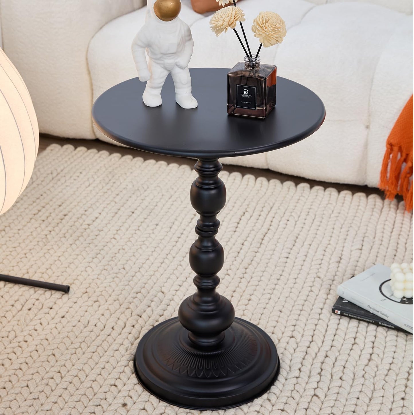 Chic Vintage Round Side Table with Elegant Roman Columns - Sturdy Metal Construction, Perfect for Coffee, End, Tea, or Leisure Use in Living Room or Bedroom Decor (Black and White 1 Pack)